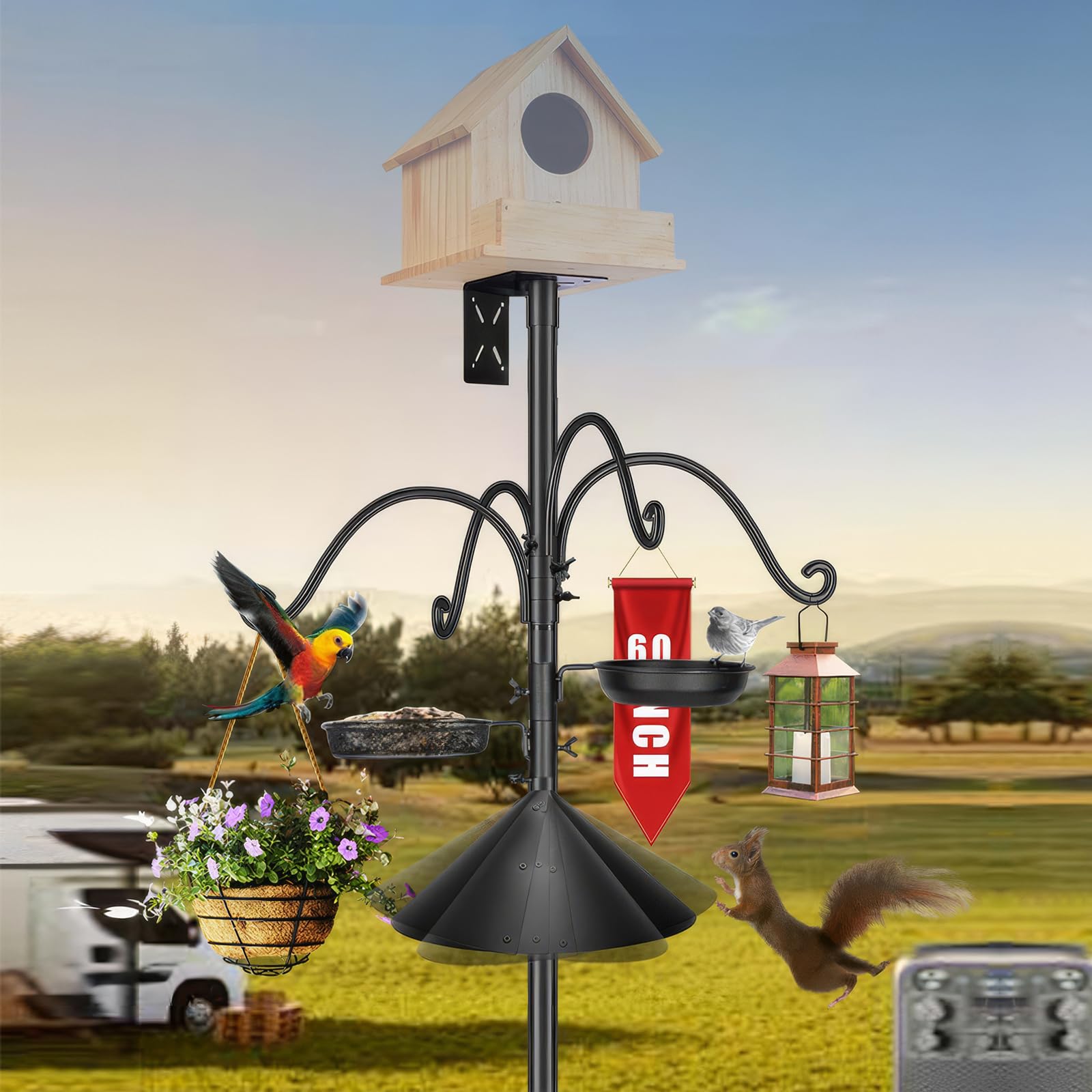 Bird Feeders Hanging Station, Including 2 Bird Feeders, Bird Table With 4 Hooks, Birds Feeder Stand Suitable For Small Birds Feeders Garden Decoration(76inch,DOES NOT INCLUDE AVIARY)