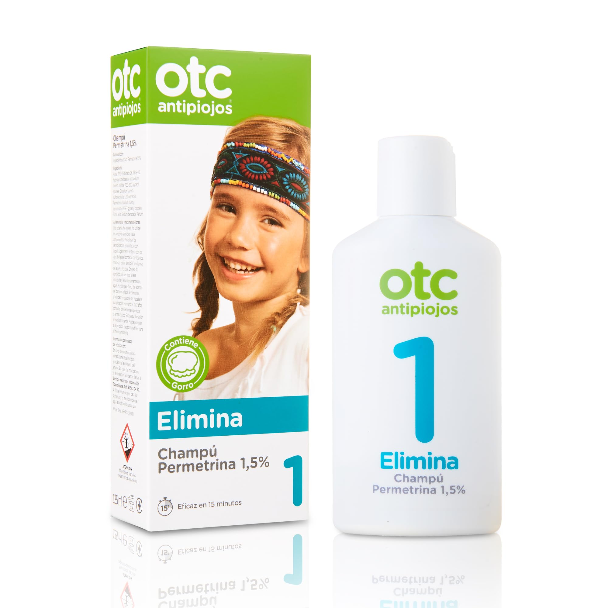 OTC Antipiojos Champú Permetrina 1,​5%, Elimina los Piojos y Liendres en 15 Minutos de Manera Efectiva, Incluye Gorro, Apto a partir de 2 Años, 125 ml