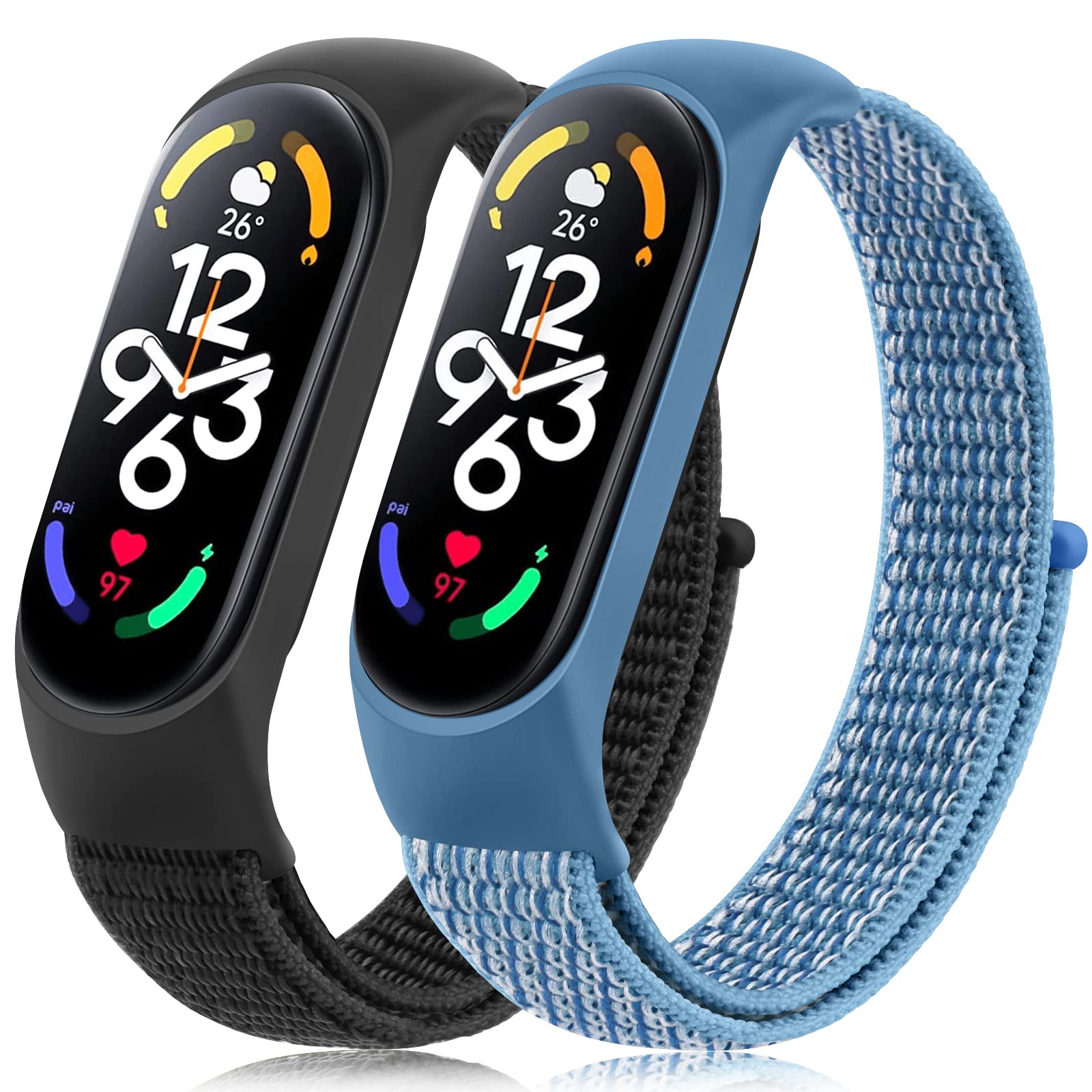 VANCLE 2 Pack Nylon Strap Compatible with Mi Band 7 6 5 &Amazfit Band 5 Soft Breathable Comfortable Adjustable Colorful Sports Replacement Band for Mi Band 7 6 5 (NFC) for Men Women