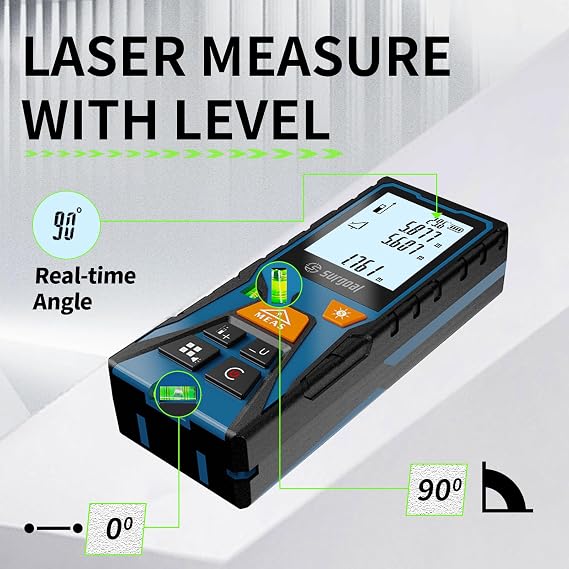 Laser Distance Meter Digital Laser Measuring Tool with LCD Backlit Display, Area Volume Pythagorean, 2mm Accuracy, Class II, Electronic Tape Measure for DIY Construction AAA Battery Powered