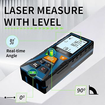 Laser Distance Meter Digital Laser Measuring Tool with LCD Backlit Display, Area Volume Pythagorean, 2mm Accuracy, Class II, Electronic Tape Measure for DIY Construction AAA Battery Powered