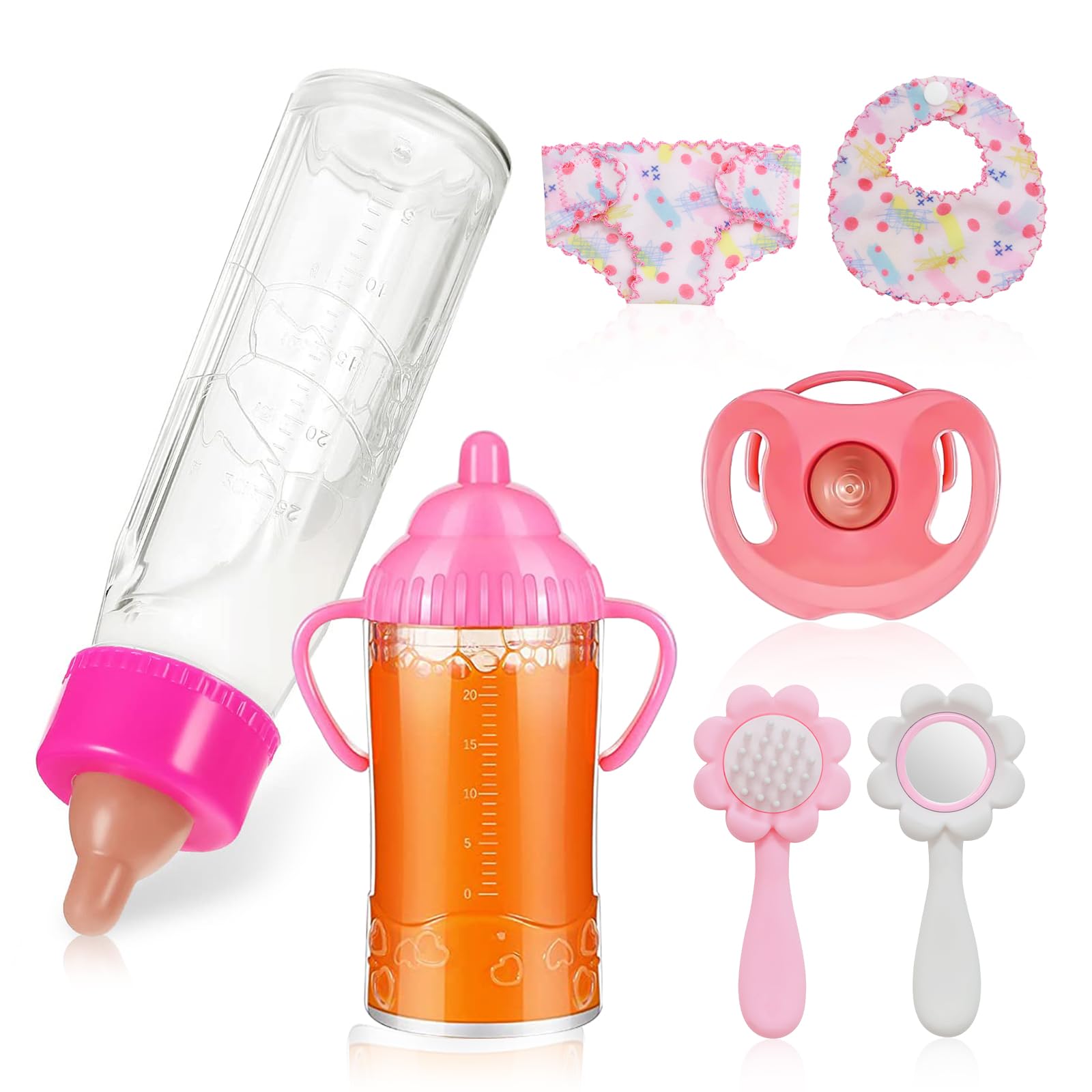 COSYOVE Baby Doll Bottle Accessories - 7 Pcs Pretend Play Toy Set, Comb & Mirror, Magic Disappearing Milk & Juice Pacifier Stuff