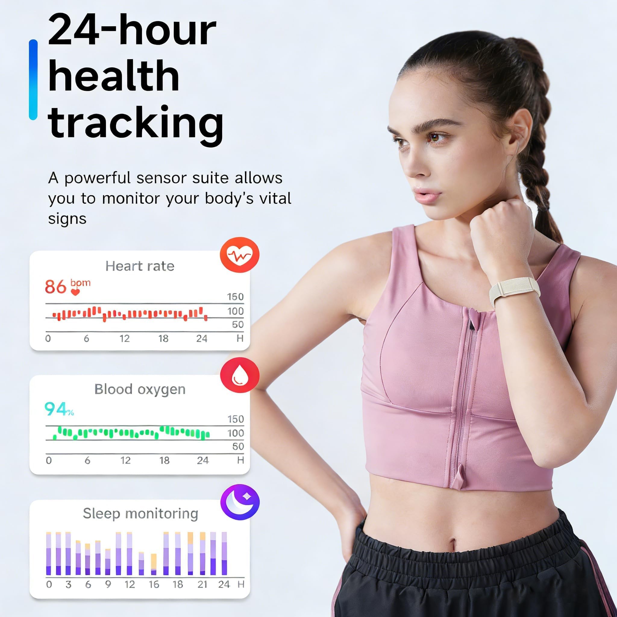 Pulsera inteligente de salud, monitor de ritmo cardíaco, monitor de sueño, contador de pasos, podómetro, multimodos deportivos, impermeable, correa de silicona y nailon