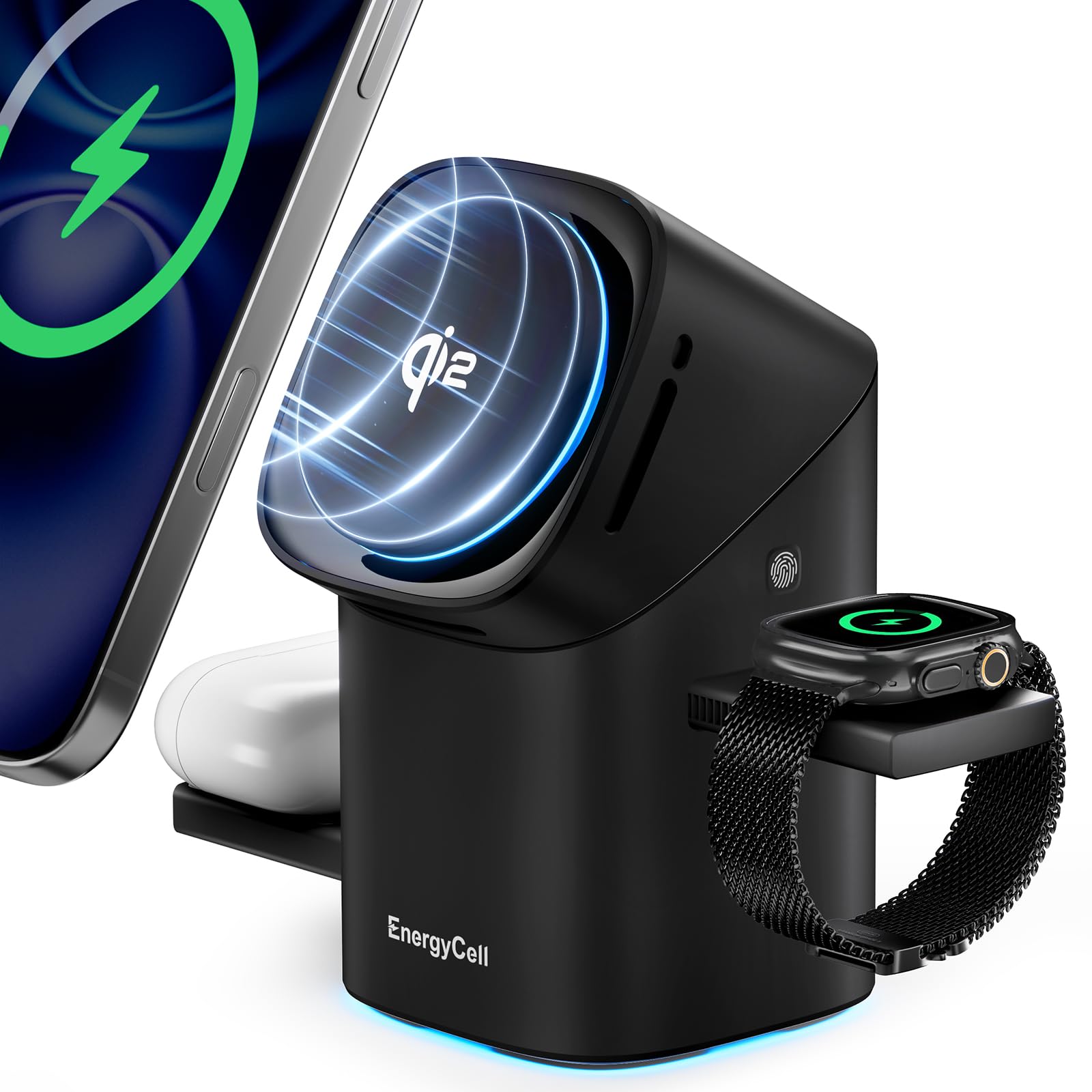 EnergyCell Rotating Wireless Charger, Qi2 Certified 2X Faster 15W for iPhone Charging Station 16/15/14/13/12, Apple Watch, AirPods, 3 in 1 Charging Station Apple Magnetic with Heat Dissipation, Black