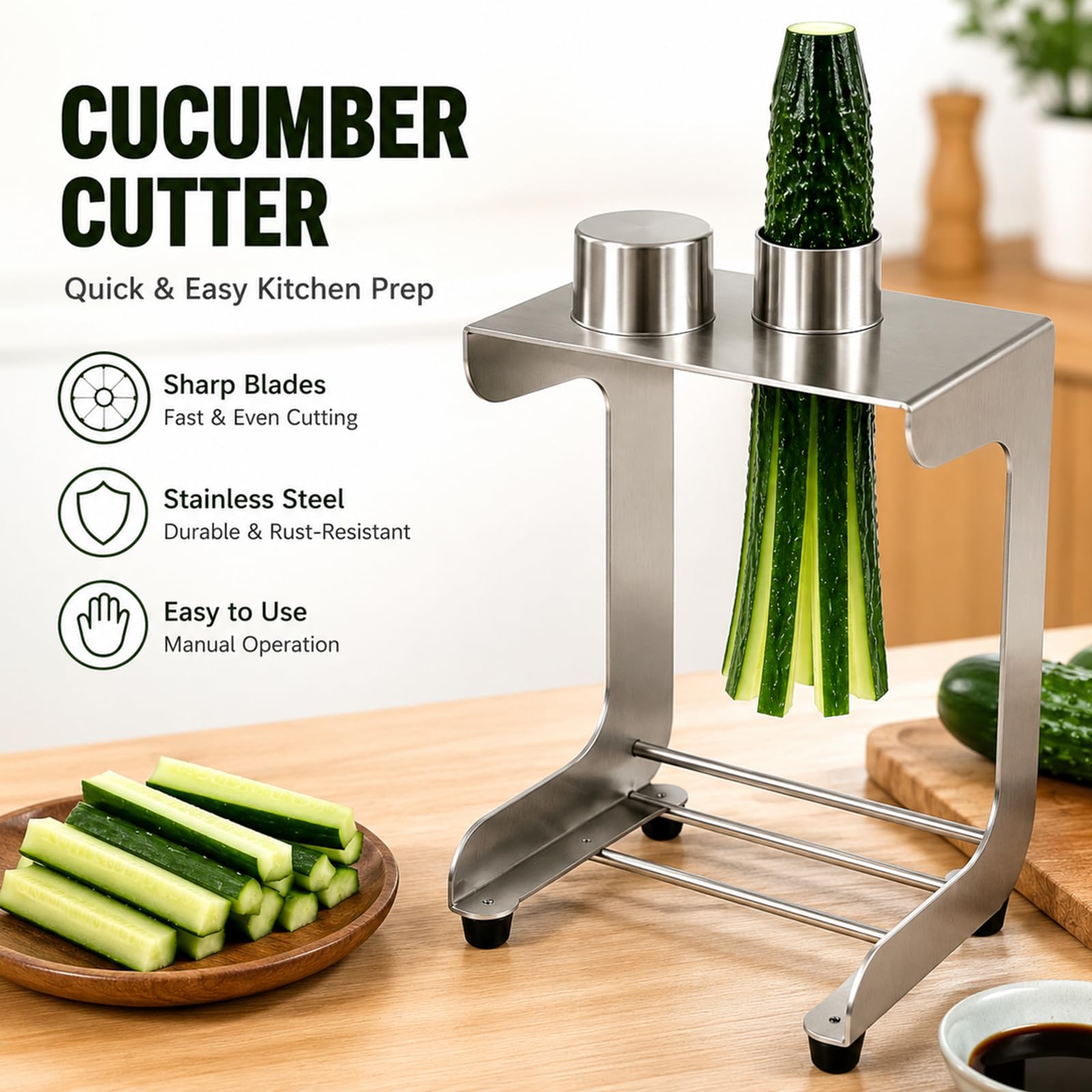 Cortador de pepino, cortador manual de tiras de verduras con 3 cuchillas (corte 8/10/12), 45 mm de diámetro, herramienta de acero inoxidable para sushi, ensalada, preparación de comidas