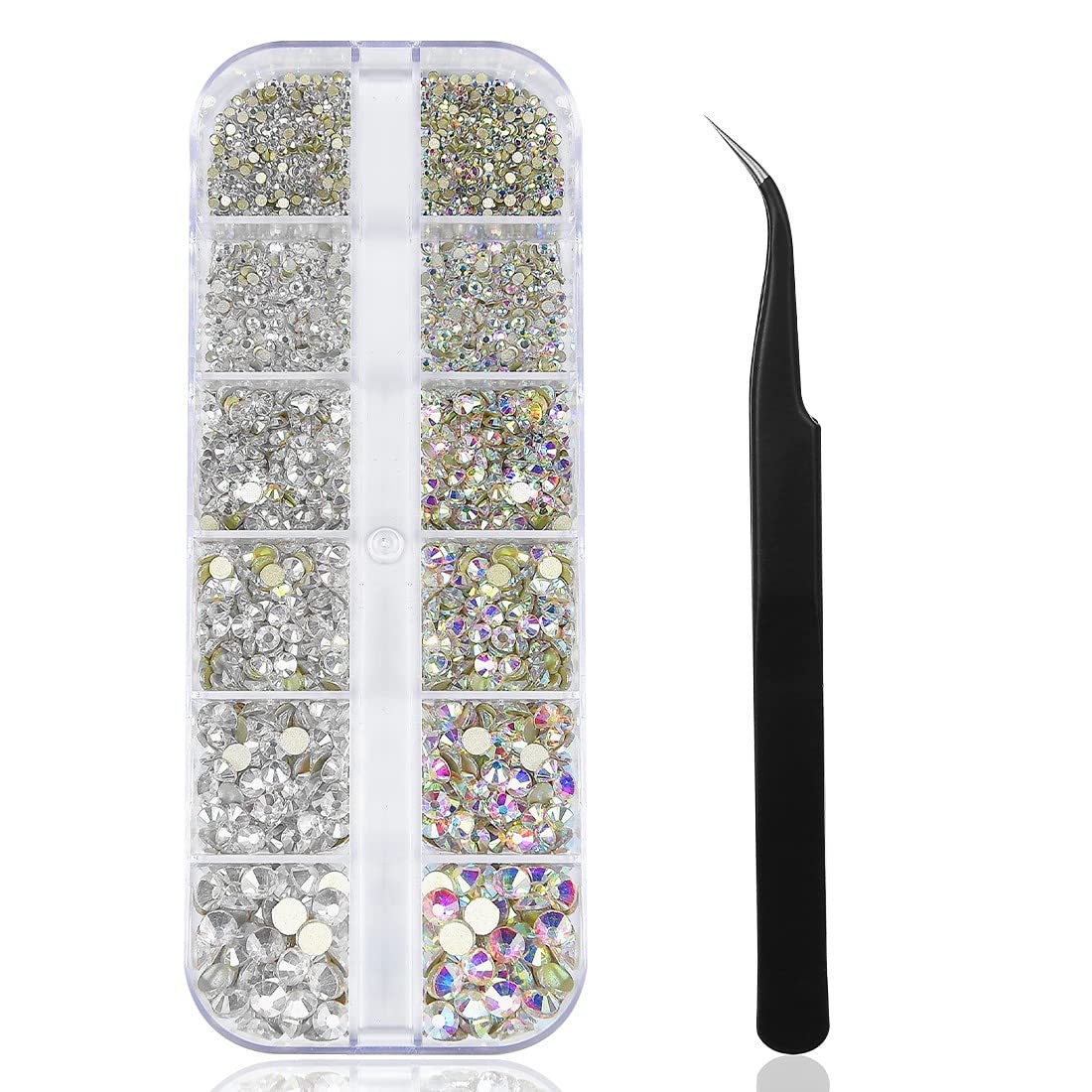 SIOPPKIKNail Rhinestones, 1440 Pcs Nail Gems, Flat Back Crystal Rhinestones with Pick Up Tweezer for Nail and Face Art, Craft Decoration, 6 Sizes