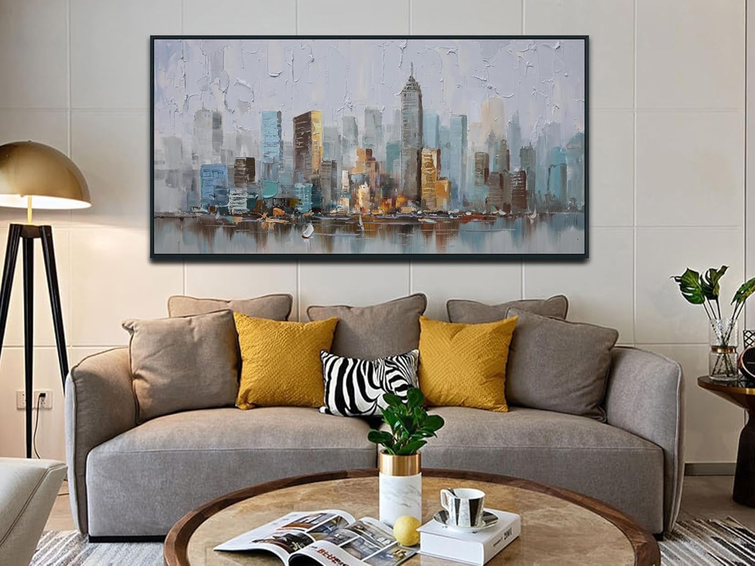 Enartly NYC City Canvas Wall Art for Living Room, New York City Painting Abstract Modern Skyline Grey Picture Large Size Artwork for Bedroom Hallway Home Office Wall Decor, Black Framed 58"x29"