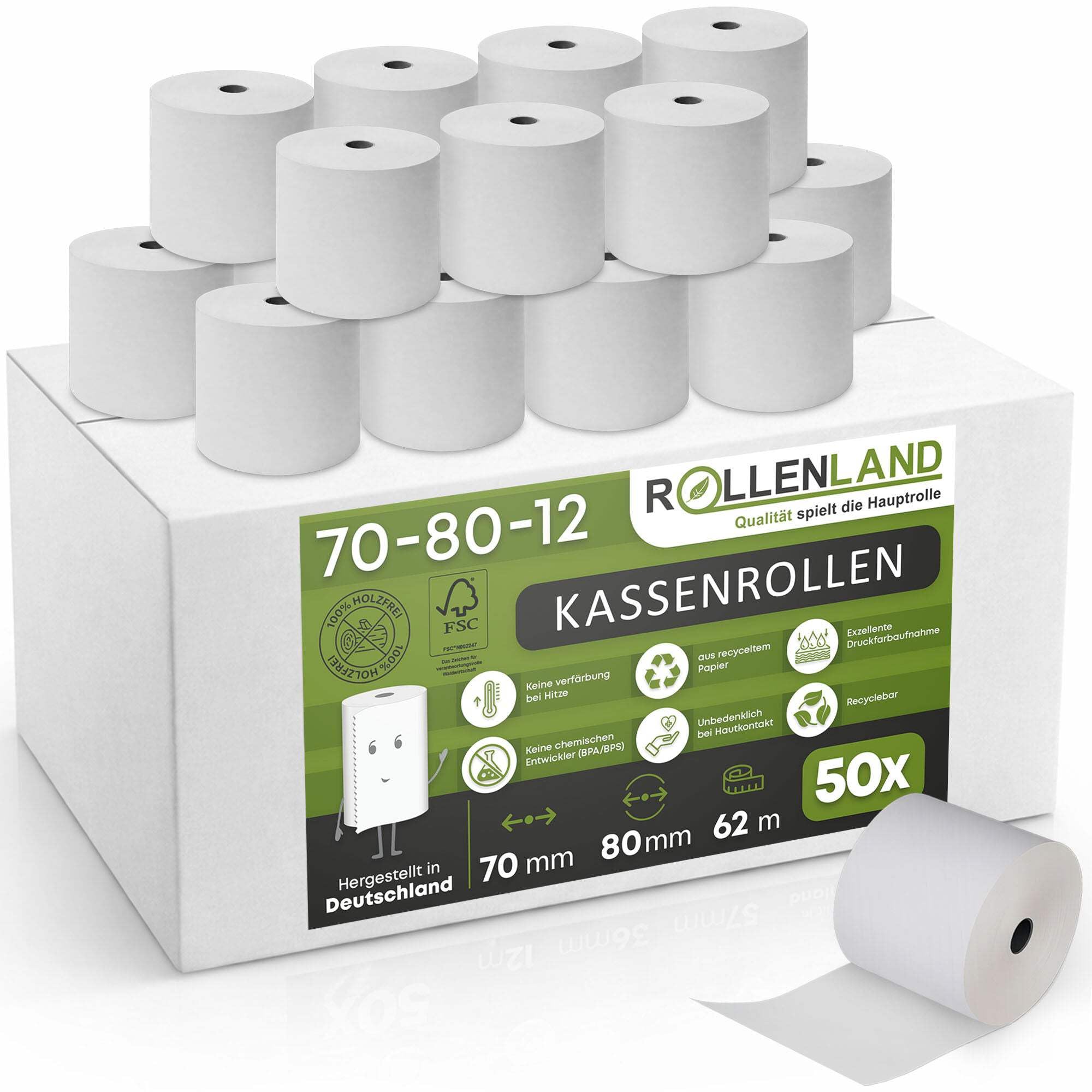 ROLLENLAND 50 Kassenrollen 70x80x12 [62 m Lauflänge & Apotheken Aufdruck] Bonrollen Normalpapier, Kassenzettel Rollen 70 mm, 60 g/qm
