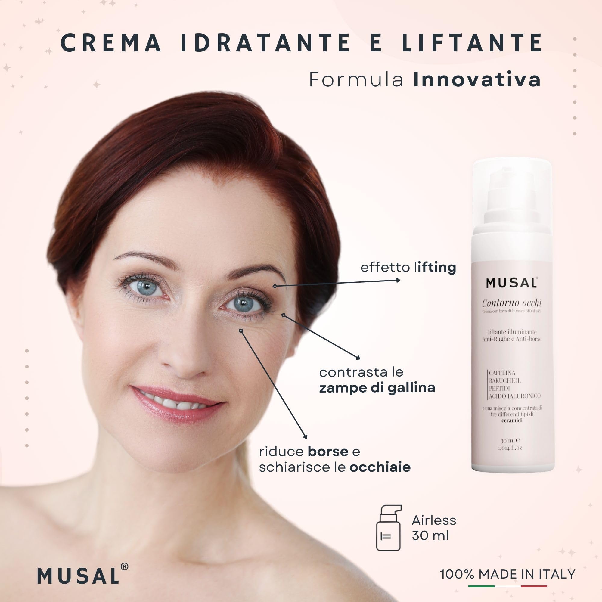 MUSAL Crema Borse e Occhiaie, Contorno Occhi Antirughe Istantaneo con Bava di Lumaca, Acido Ialuronico e Bakuchiol per Uomo Donna 30ML