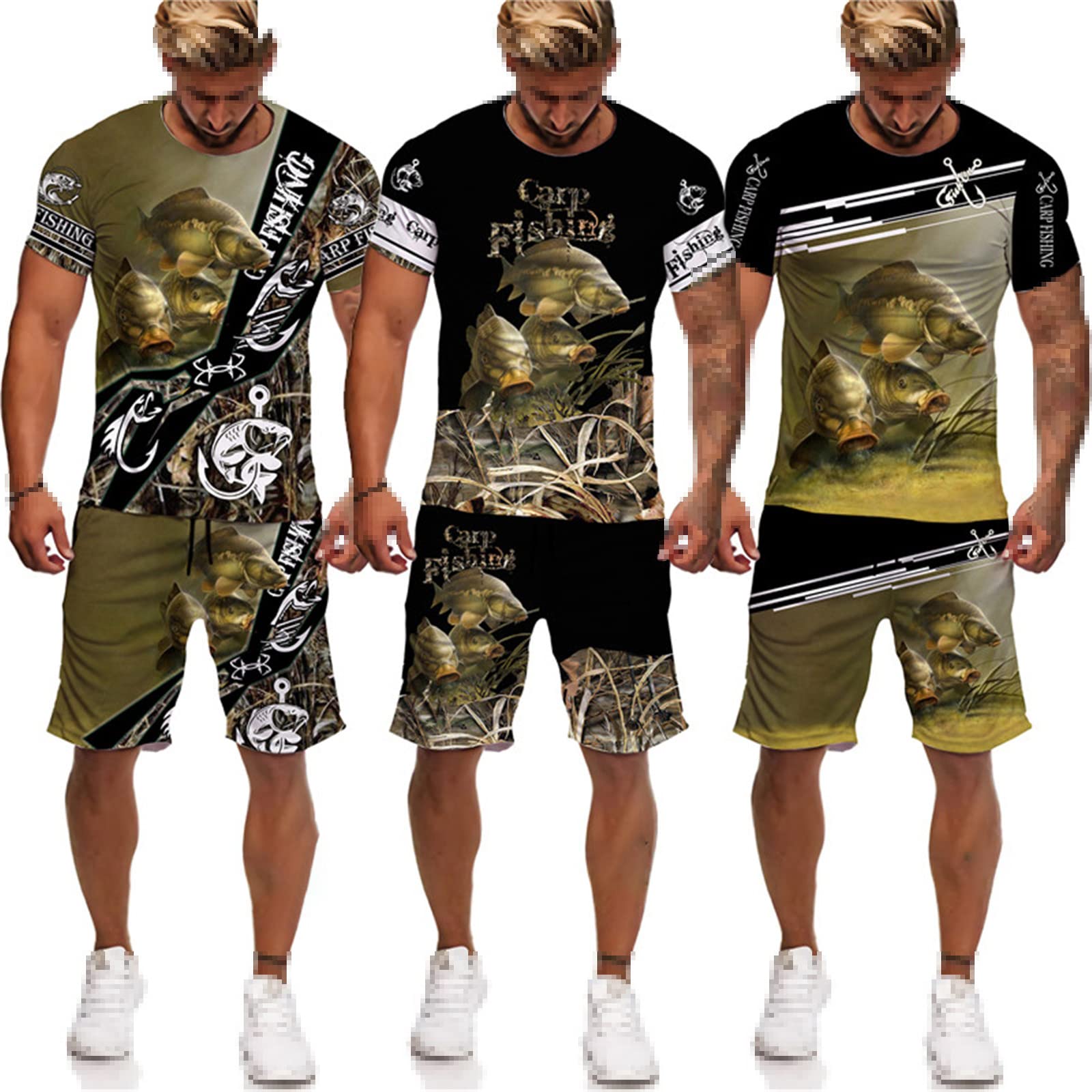 Verano Divertido 3D Impreso Camiseta/Pantalones Cortos/Patrón de Pesca de los Hombres O-Cuello de Manga Corta Ropa Deportiva Conjunto Cool 2 Unids Chándales