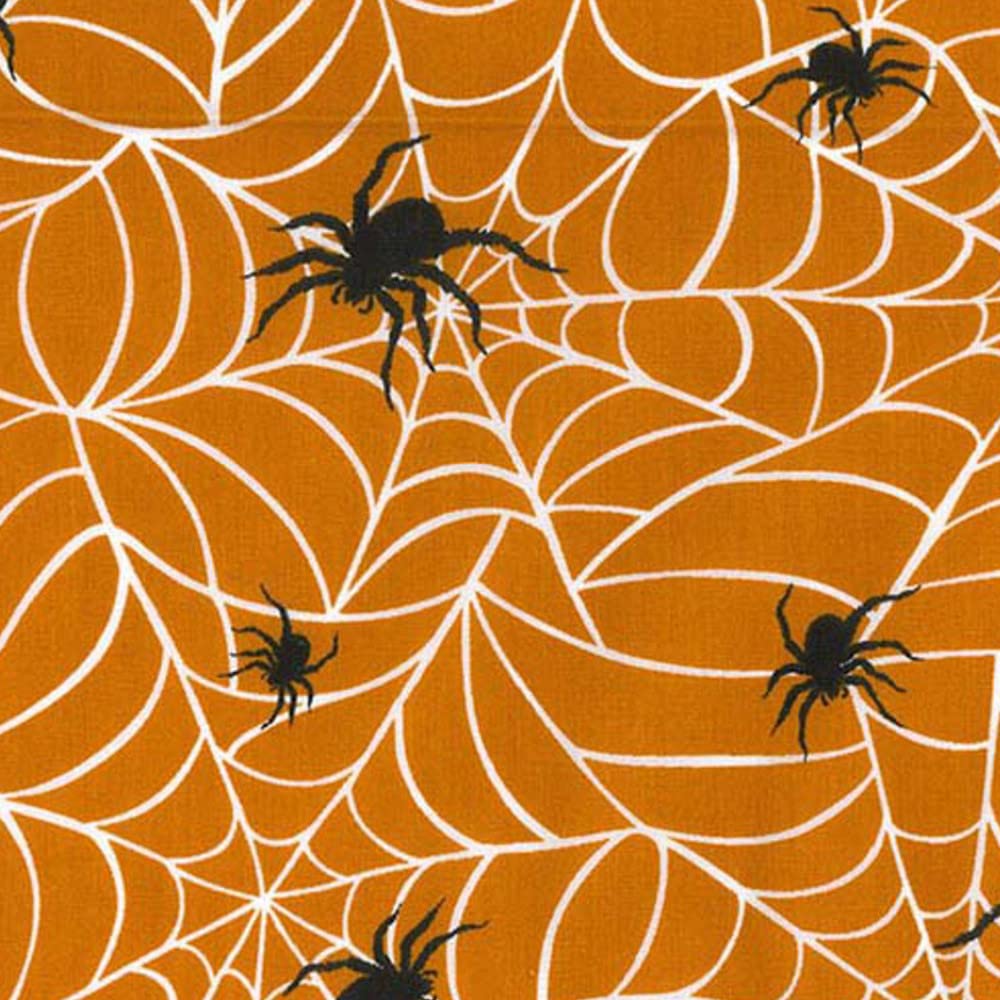Polycotton Fabric Spider Webs Spiders Halloween Creepy Insect Animals (per metre) (Orange)