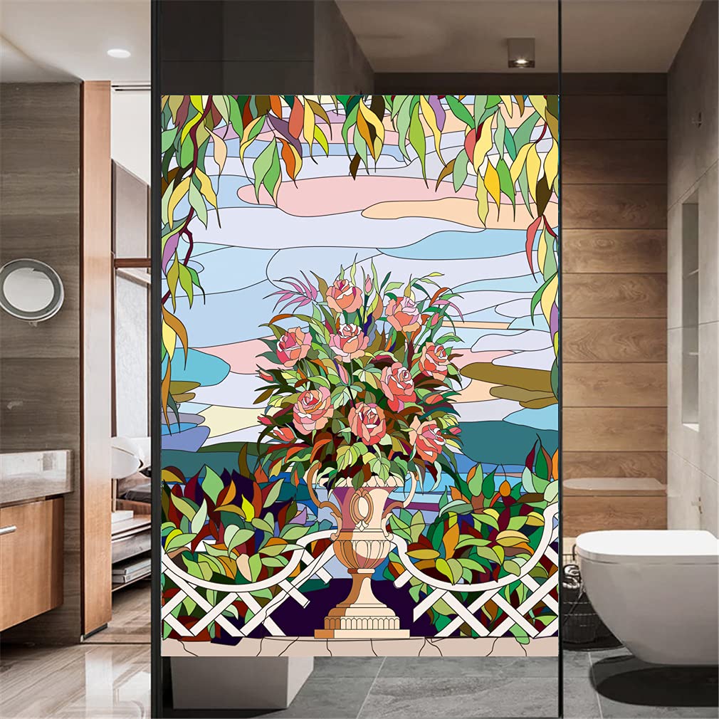 Window Film Privacy Non-Adhesive Frosted Static Cling Home Office Blossom Flower Decorative Stickers Glass Door Coverings 59x160cm(23