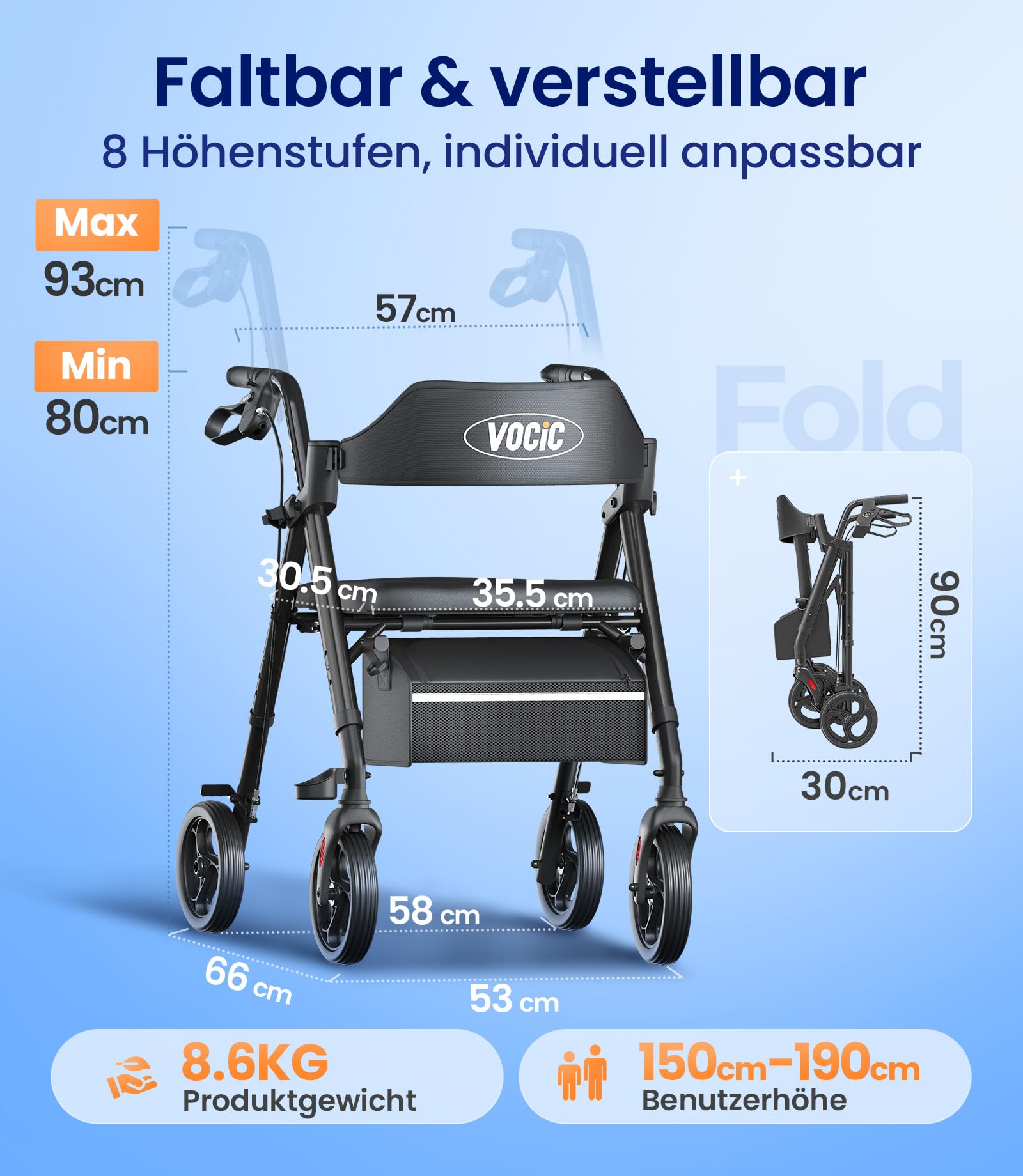VOCIC Rollator Faltbar und Leicht mit Sitz,Rollatoren Schmal für Wohnung,Rollatoren für Senioren Klappbar mit 20cm Reifen für All Gelände,Sitz und Griff Höhenverstellbar,5 Jahre Support|Schwarz