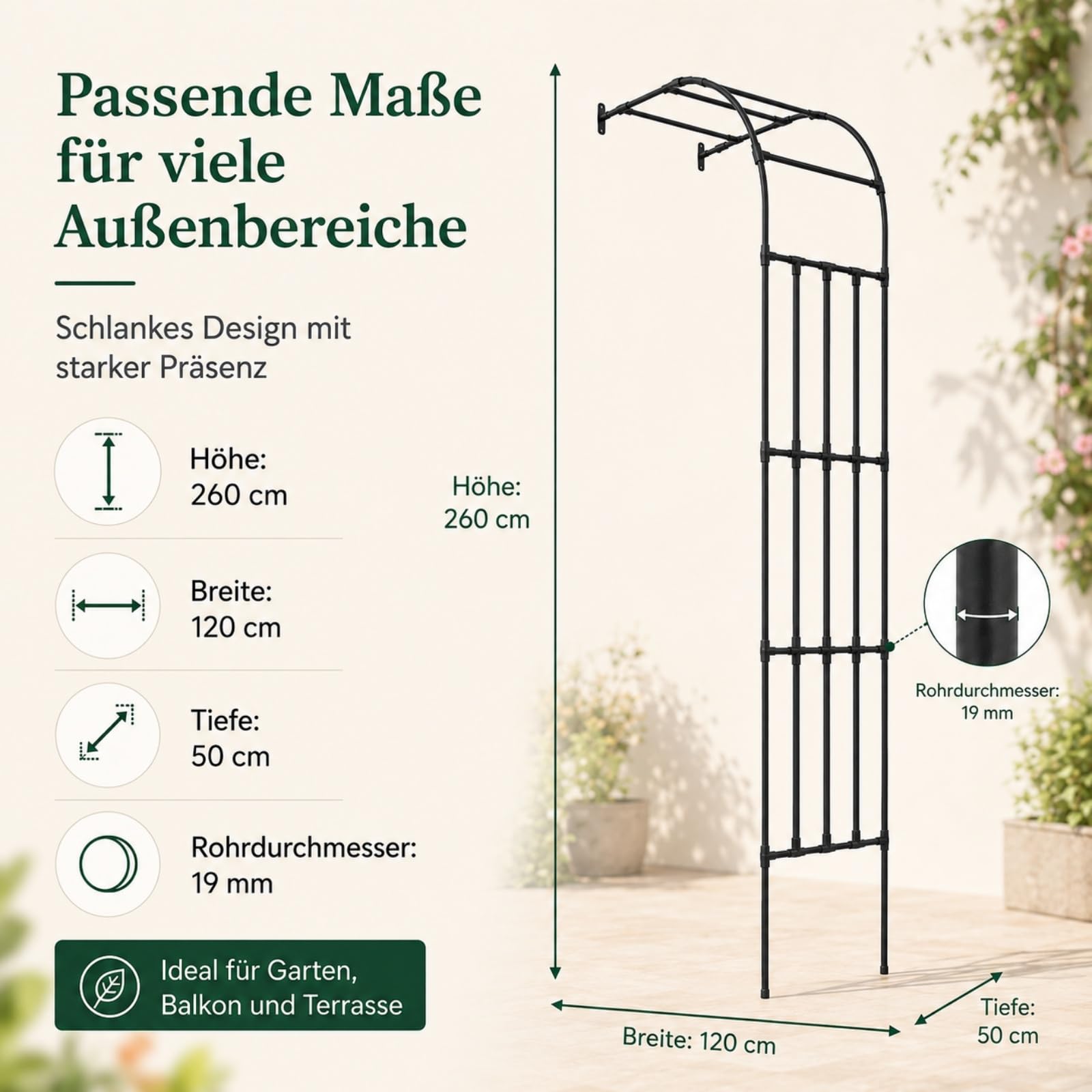 Rosenbogen halbrund 120 X 50 X 260 cm Halbrundes Spalier Stahl stabiles Gartenspalier Metall Gartenbogen Spalier für Kletterpflanzen