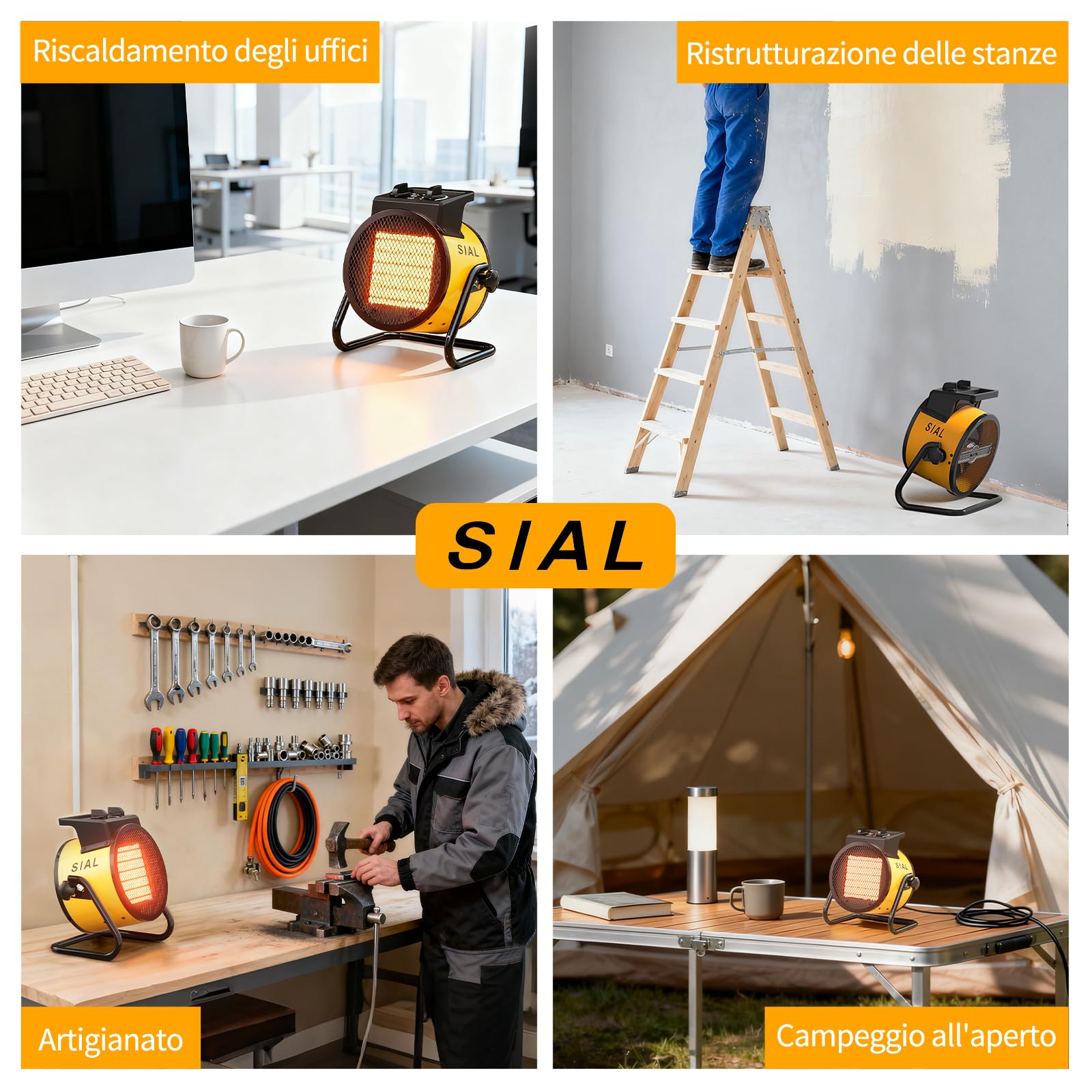 SIAL Termoventilatore 2000 W - Radiatore Elettrico - Ceramica - Riscaldamento Industriale - Riscaldamento Rapido in 3 Secondi - Termostato e Protezione da Surriscaldamento (Giallo)