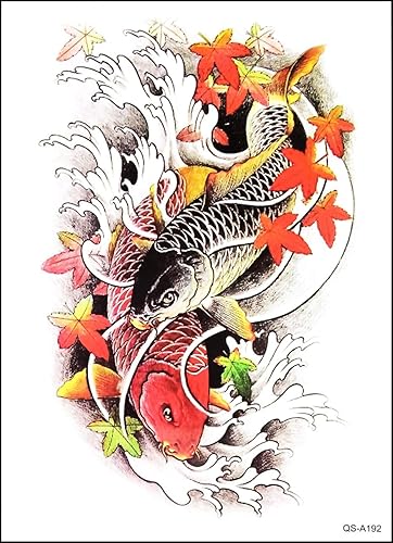GS912 Tatuaje 8.2 x 5.7 pulgadas, pez japonés asiático de carpa Koi, tatuajes grandes, calcomanías temporales 3D, estilo tribu china de la vieja