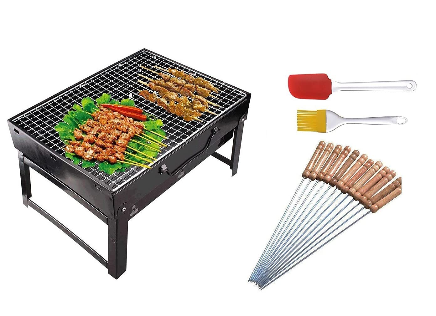 Inditradition Popular Combo Portable Charcoal Barbeque Grill With 12 Skewers, Oil Brush & Spatula (Metal, Black), Free Standing (B09H3DLQCM) Amazon Price History, Amazon Price Tracker