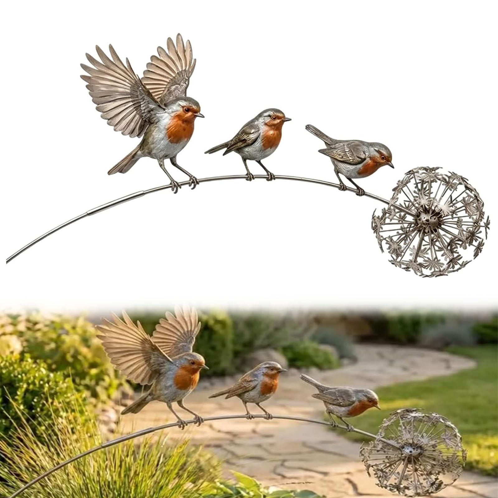 Robin Memorial Garden Stake, Kinetic Metal Bird Yard Art Ornament, Weather Resistant Rustic Outdoor Decor with Robin & Dandelion, Remembrance Keepsake for Loss of Loved One, for Patio Lawn (1pc)