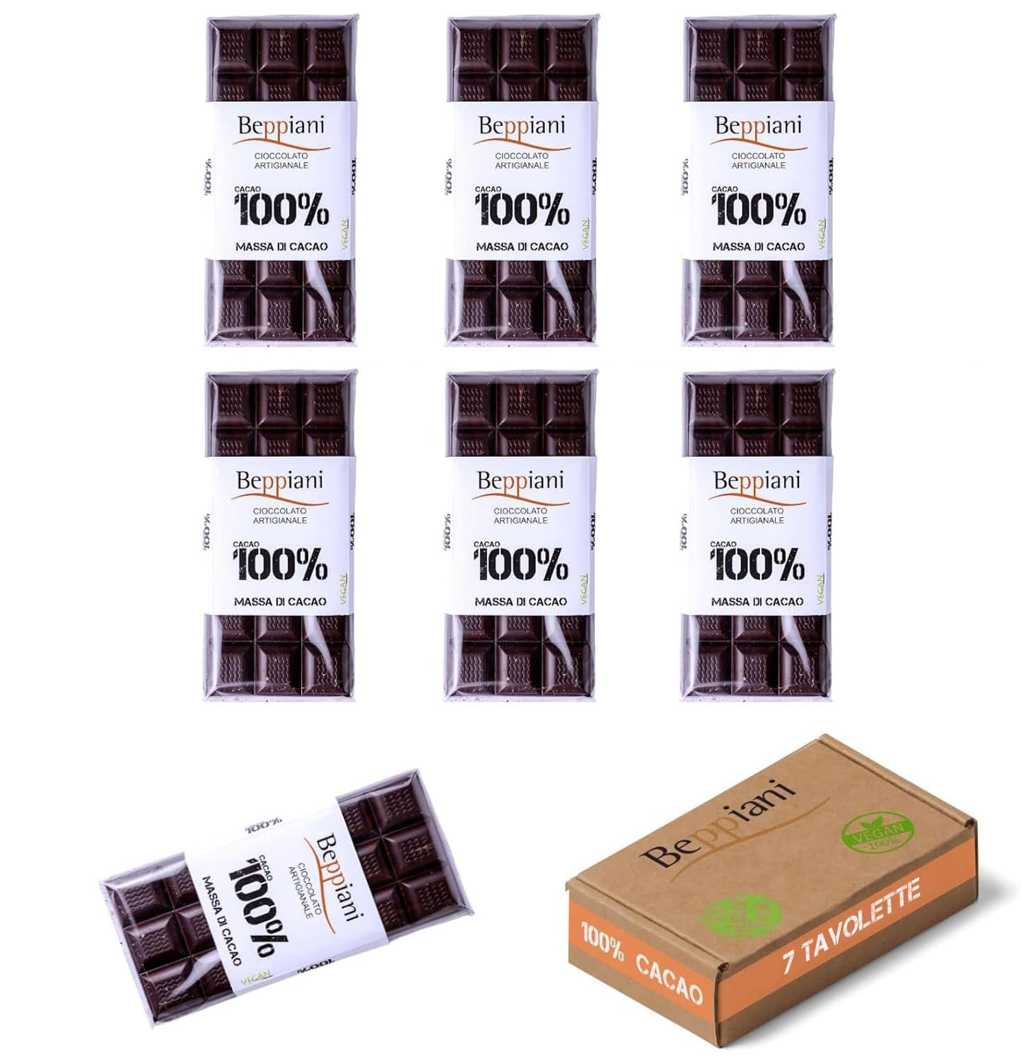 Beppiani 100% Massa di Cacao, Cioccolato Artigianale, vegana, senza zucchero, ricca di antiossidanti, per diete bilanciate – Made in Italy set (7 Tav. Classica)