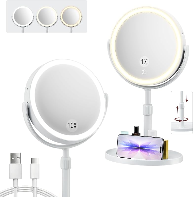 Espelho de maquiagem de mesa AOLERAY com luz, dupla face 1X/10X e suporte