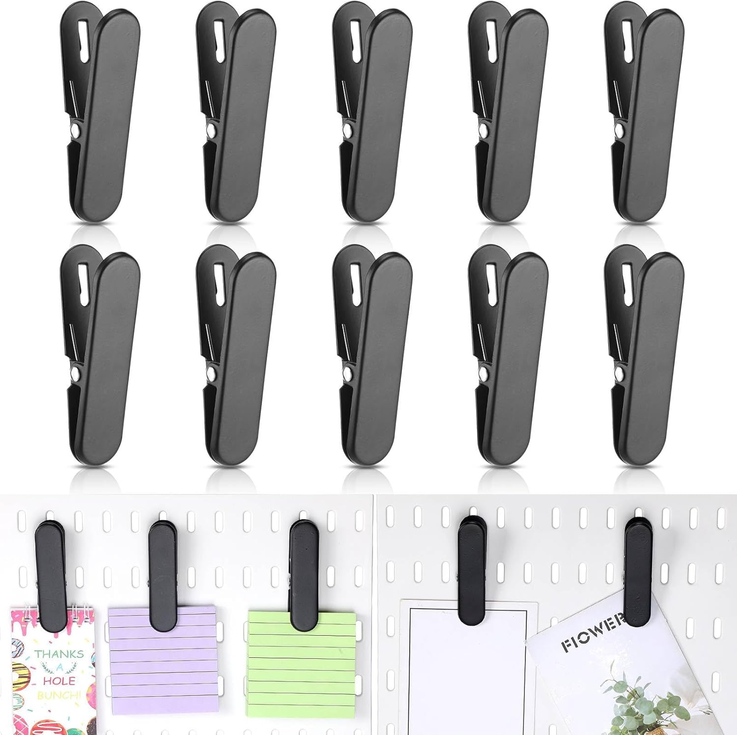 Fulmoon 10 Pcs Pegboard Accessories Clips Pegboard Clips Metal Attachment for Crafts Living Room Kitchen Bathroom Office Wall Organize Storage (Black)