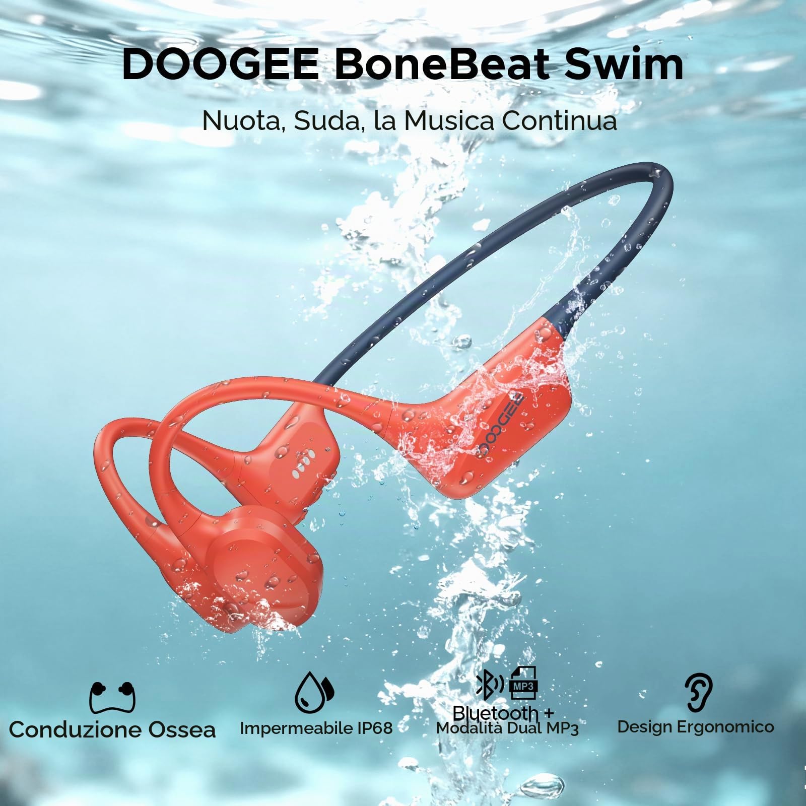 Cuffie Conduzione Ossea IP68 Impermeabili per Nuoto, Auricolari Sportive Bluetooth 5.4, MP3, 32GB, Comodo Silicone, Open-Ear per Corsa, Ciclismo, Palestra，rosso