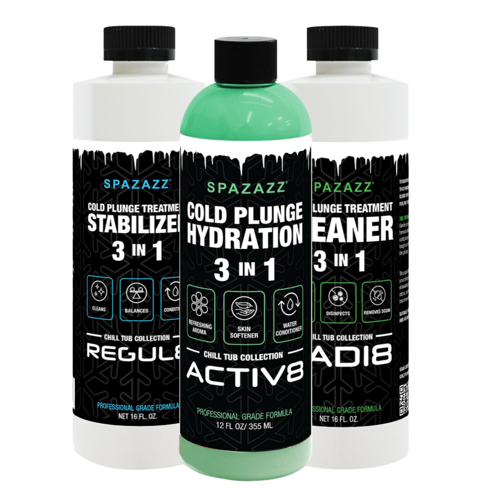 Spazazz Cold Plunge Water Treatment 3-in-1 Cleaner, Water Stabilizer & Hydrating Skin Conditioner & Mentha Aromatherapy – Radi8 16oz, Regul816 oz &