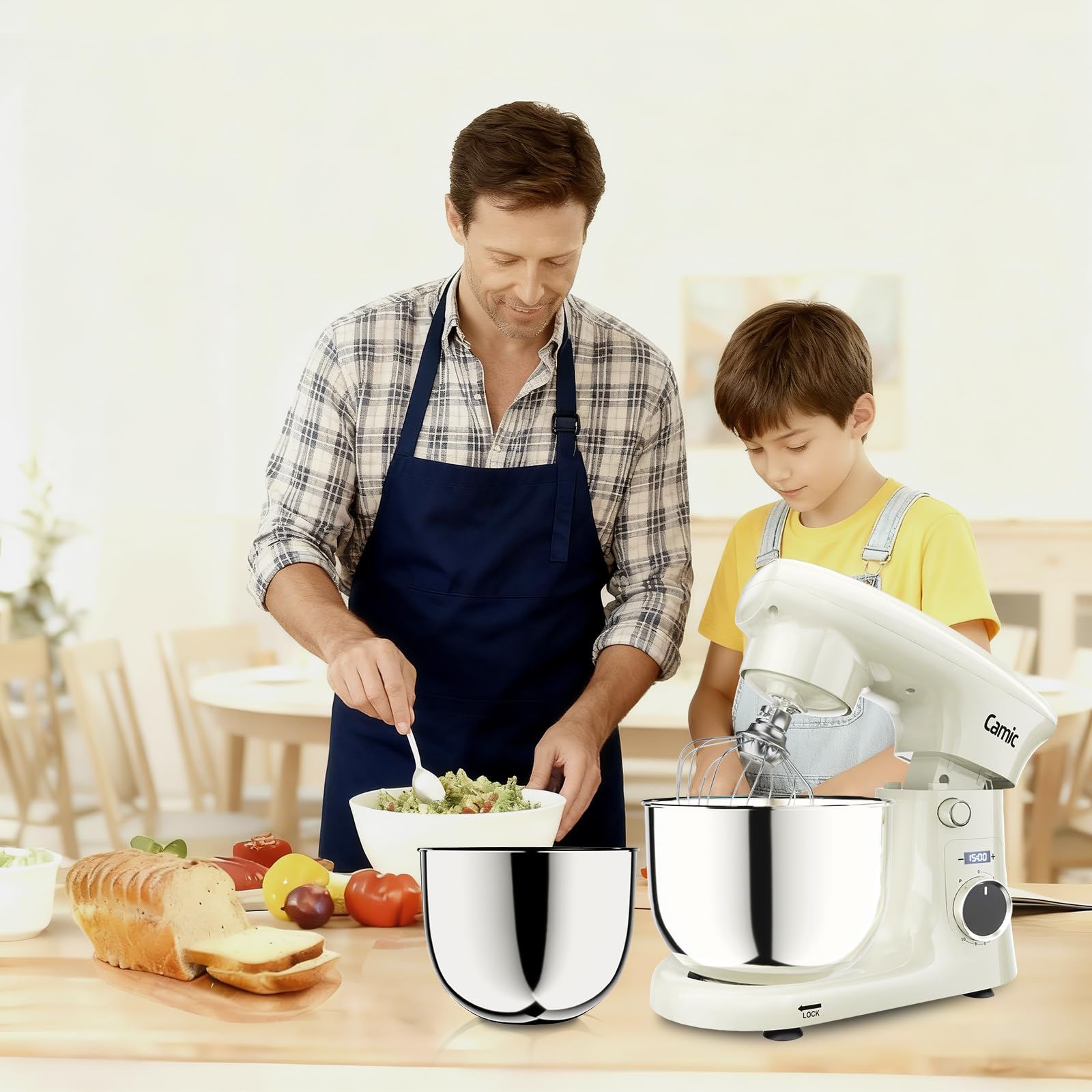 Camic Küchenmaschine mit LED-Display, Zeit Einstellen, Knetmaschine mit Rührhaken, Knethaken, Schlagbesen, 10 Stufen, 2 Edelstahlschüsseln 4L+5L, für Teig, Brot, Pizza, Kuchen (White)