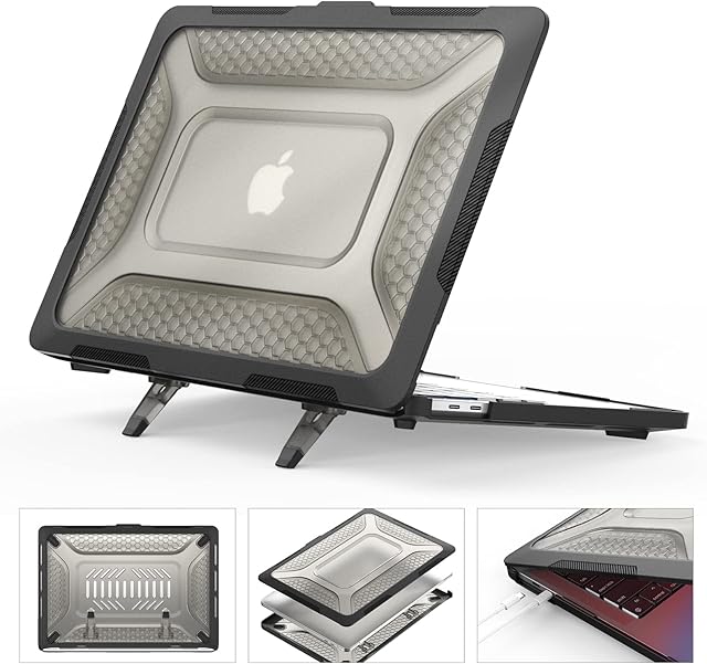 SEYMCY MacBook Pro 13 inch Case 2022/2020/2018 Anti-Scratching Protective Case with Foldable Stand, Full Body Protection Hard Cover - Black