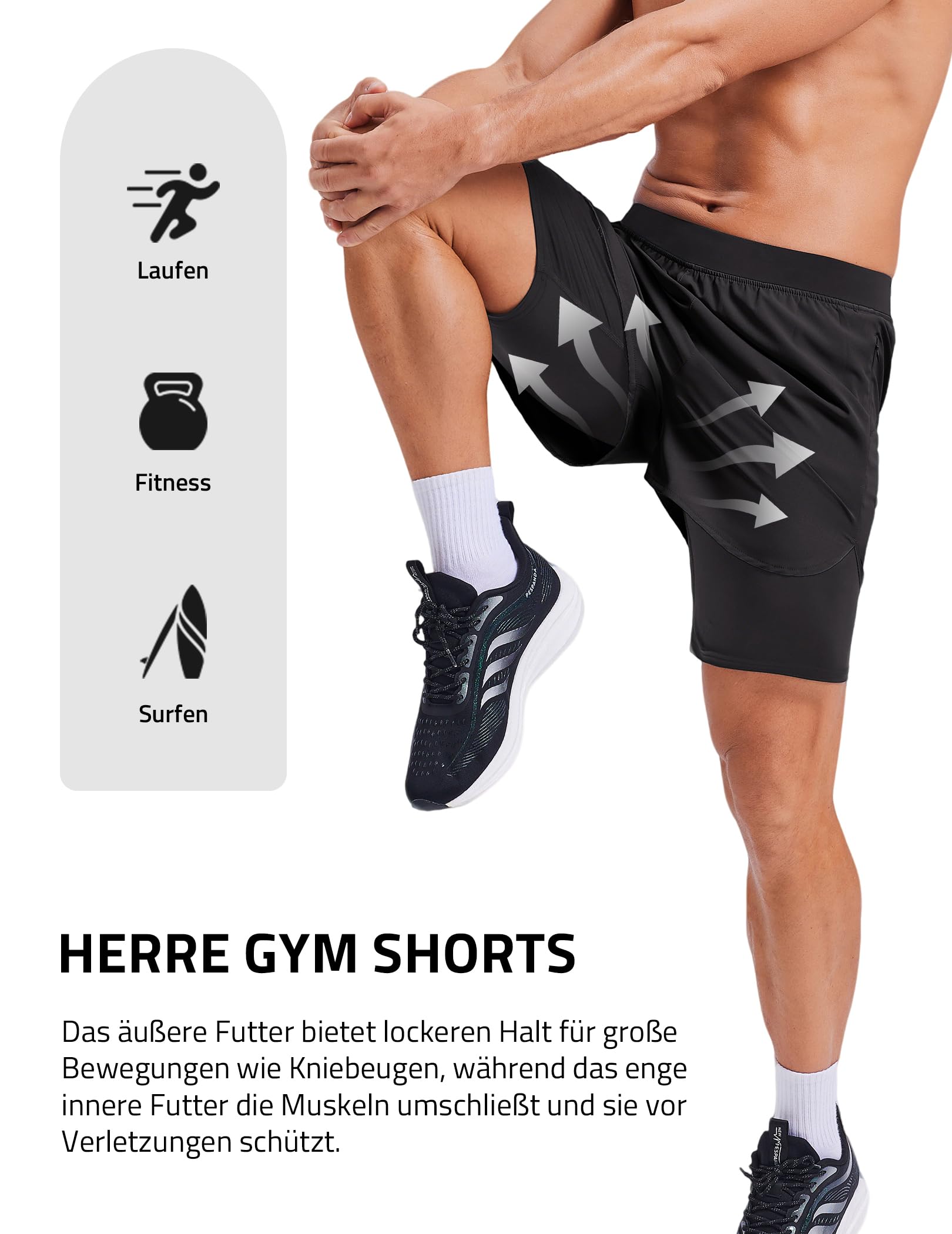 PINSPARK Szorty sportowe męskie 2 w 1, szybkoschnące, krótkie, sportowe, oddychające, do biegania, na siłownię, spodenki treningowe z kieszenią na zamek błyskawiczny
