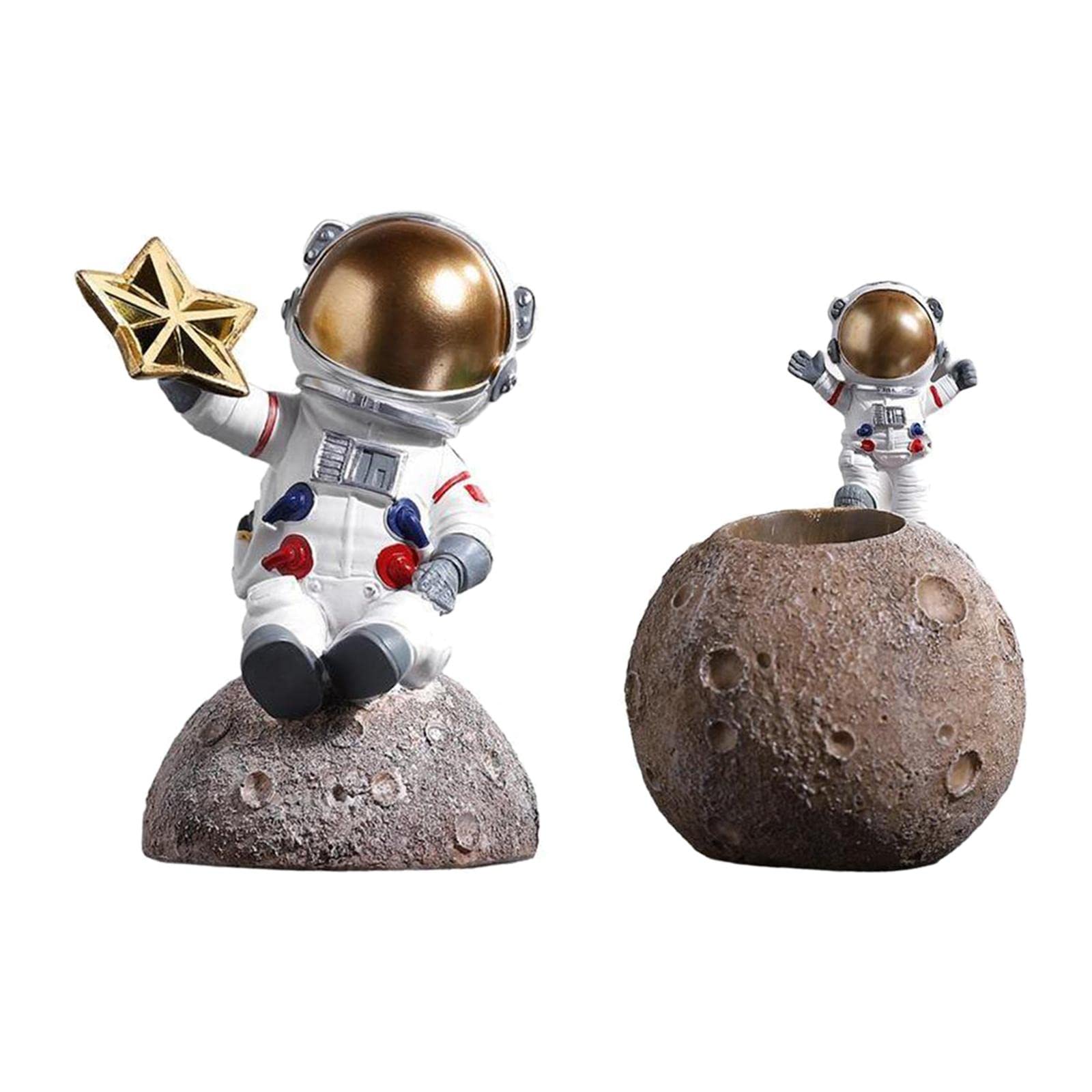 2 figuras de astronauta de resina con escultura de luna, decoración de oficina y hogar