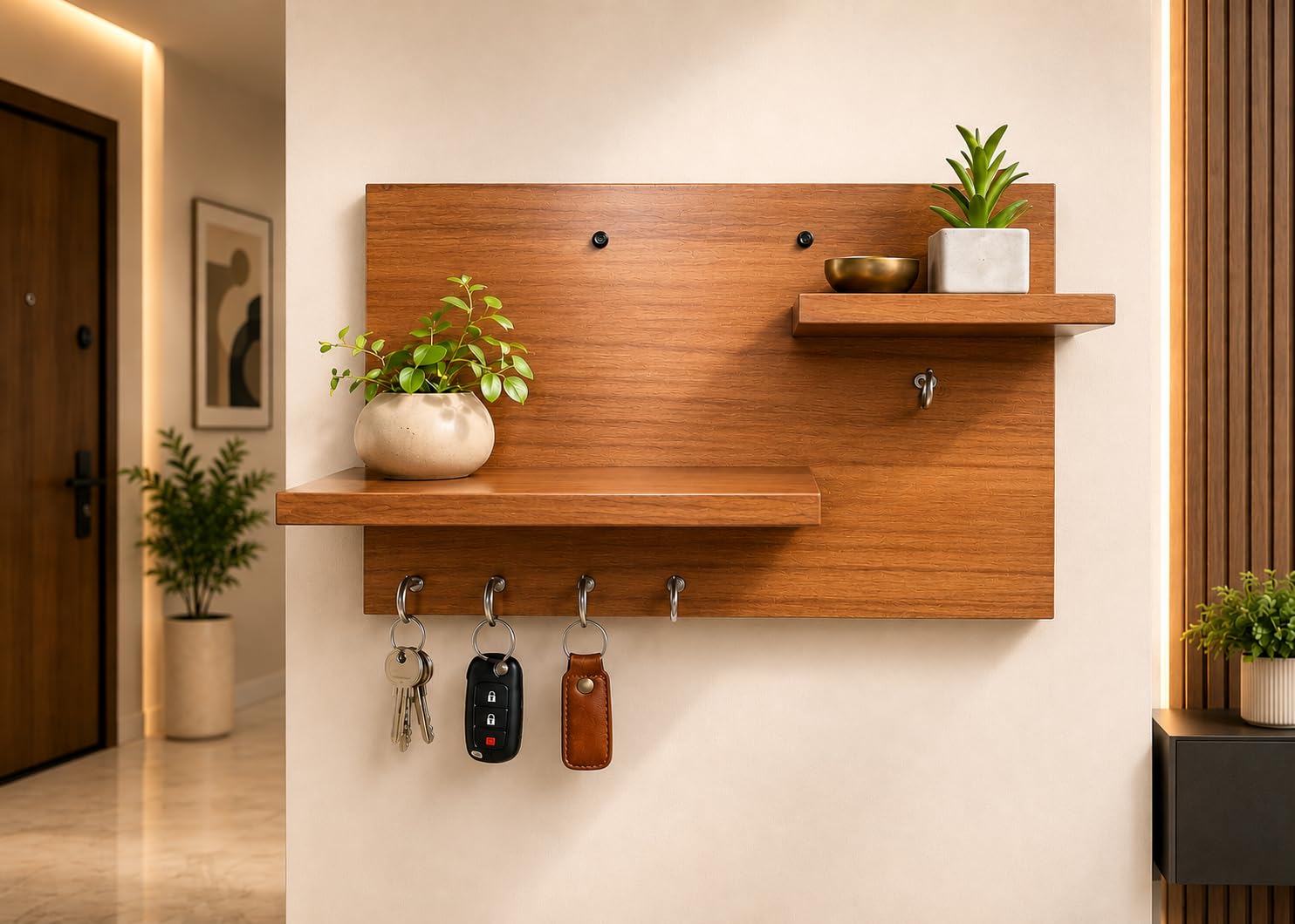 Premium MDF Wall Mounted Key Holder with Display Shelf & 5 Metal Hooks | Multipurpose Wooden Organizer for Home Entrance, Living Room, Office & Hallway |-picture-13