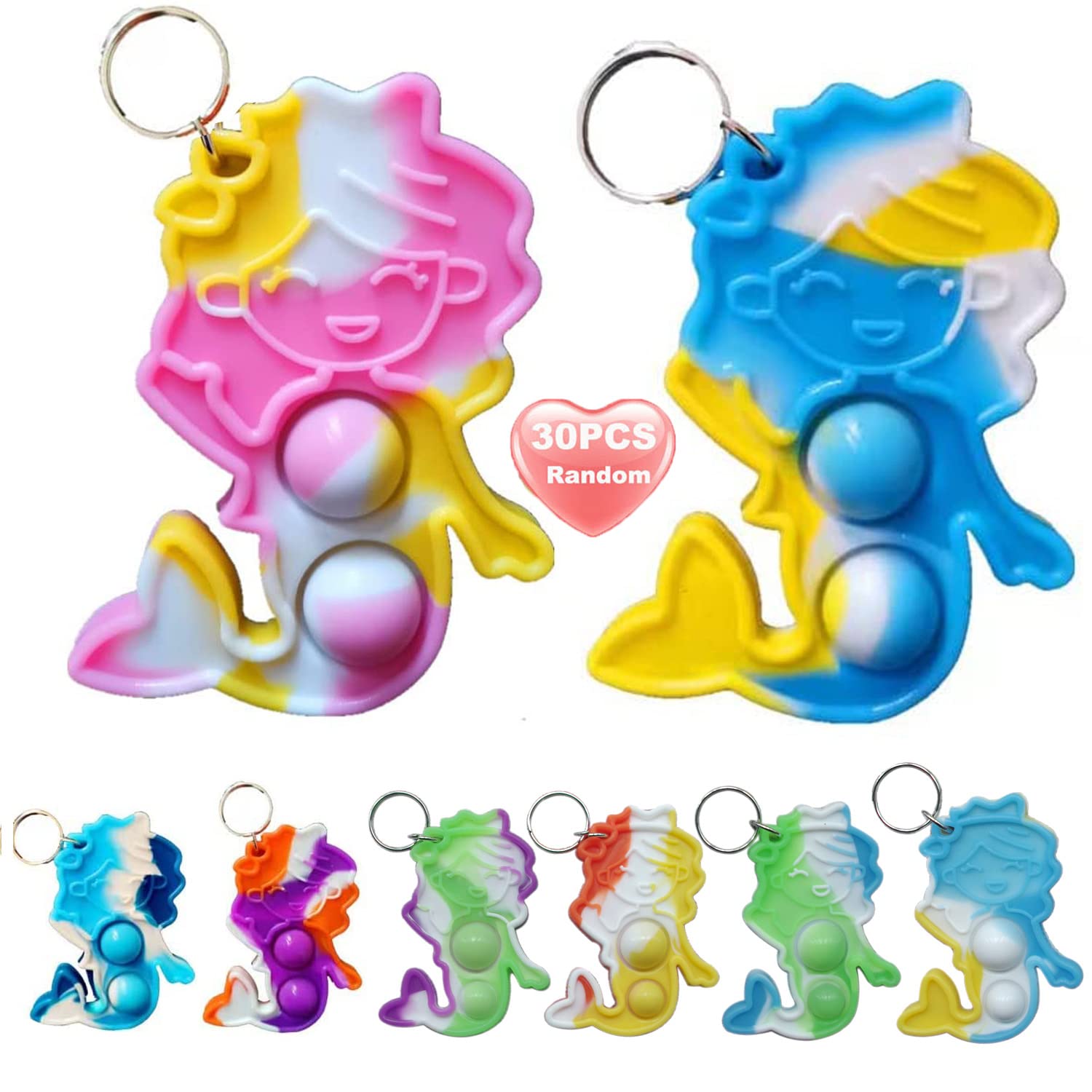 Goodangie00 30 Packs Rainbow Bulk Mermaid Mini Pop Fidget Backpack Keychain Toy for Kids Girls Birthday Party Favors Gift and Classroom Student Prizes