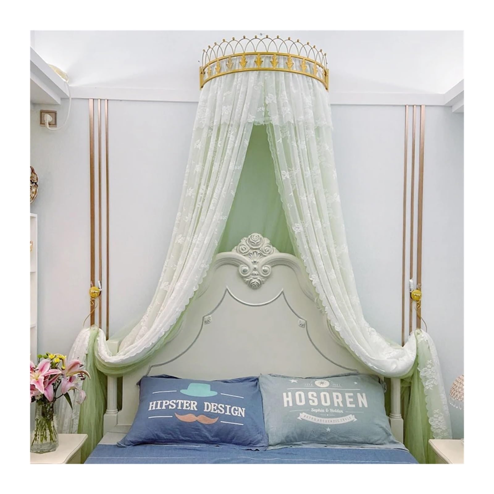KiddiBubzi Princess Bed Canopy Bed Curtain Girl Children Room Decor Bedside Yarn Net Romantic Princess Tents Bed Canopy Valance(Crown green curtain,1.5m (5 feet) bed)