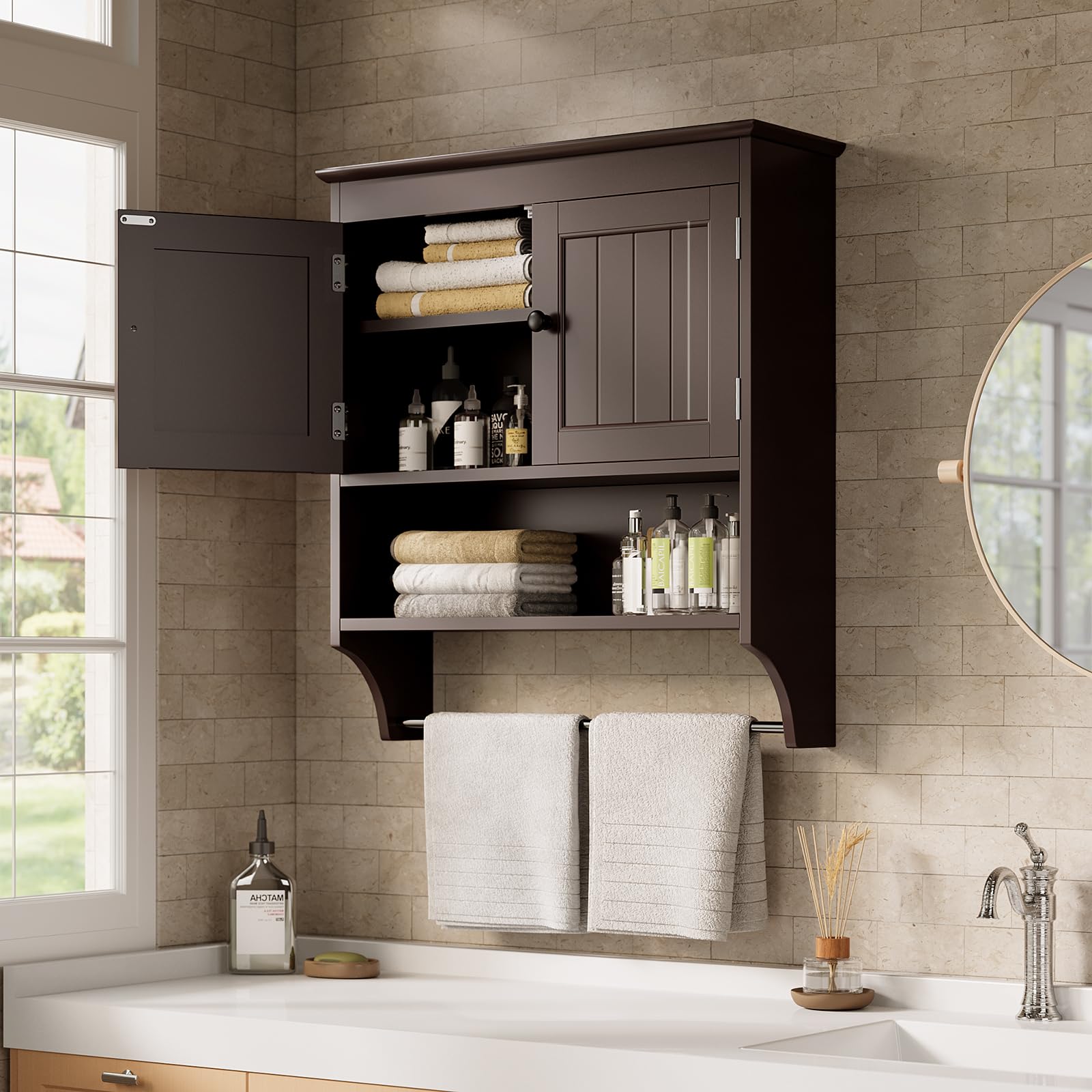 Bealife Mueble de baño suspendido, Armario Doble suspendido, Ahorra Espacio, Armario de Pared con 2 Puertas Estante Ajustable, Barra para Toallas, 19.8 x 60.5 x 69.8 cm, Blanco (marrón Oscuro)