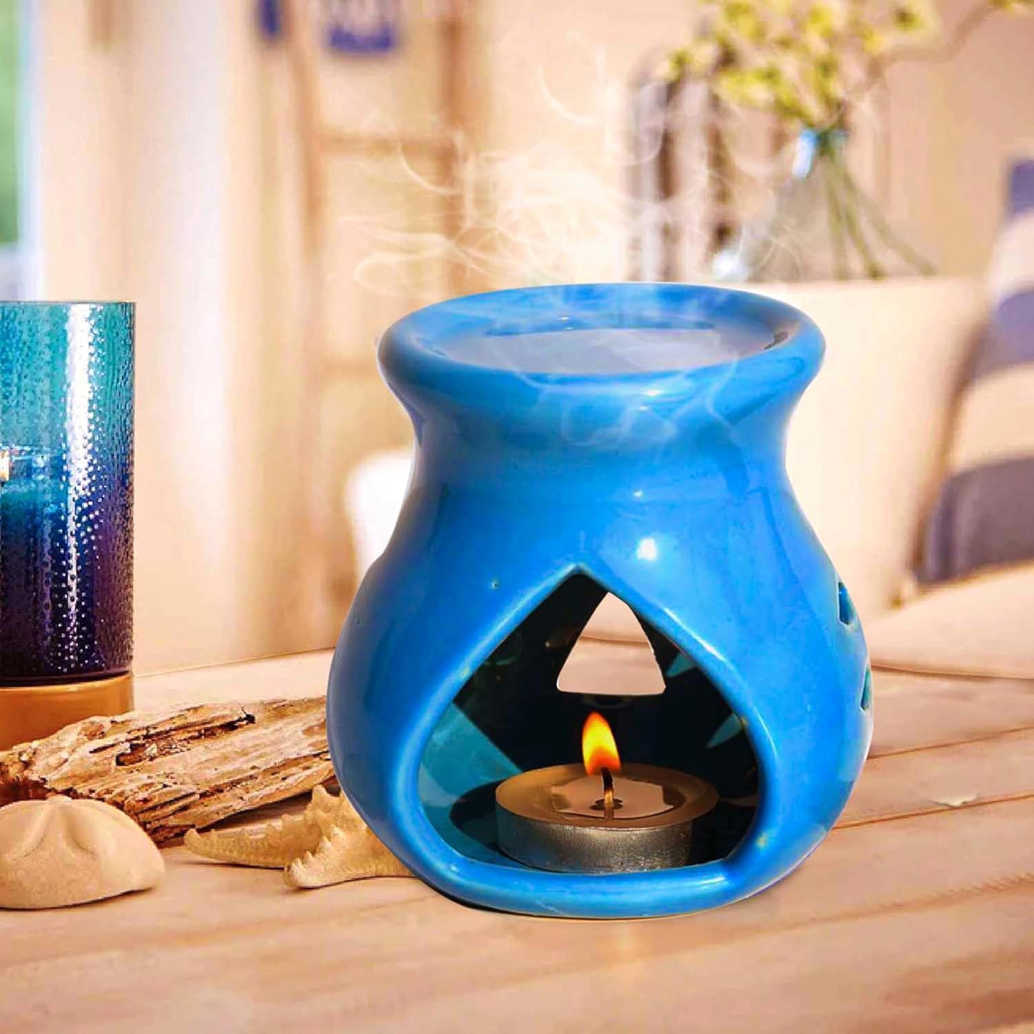Pure Source India Ceramic Aroma Burner Tea Light Candle Holder/Oil Warmer for Home, Office & Decor (Sky Blue)