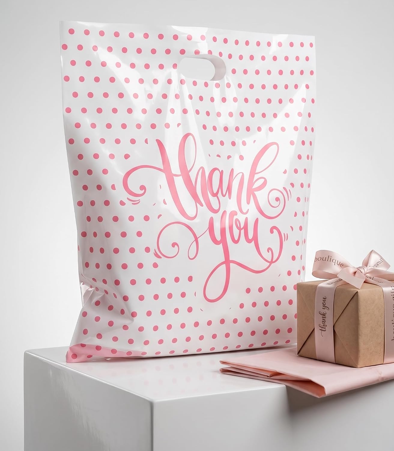 Large Thank You Bags With Handles (16x18) - Thick Plastic Retail Merchandise Bags for Small Business - Boutique Shopping Bags for Customers, Craft Shows - Bulk Packaging (White)