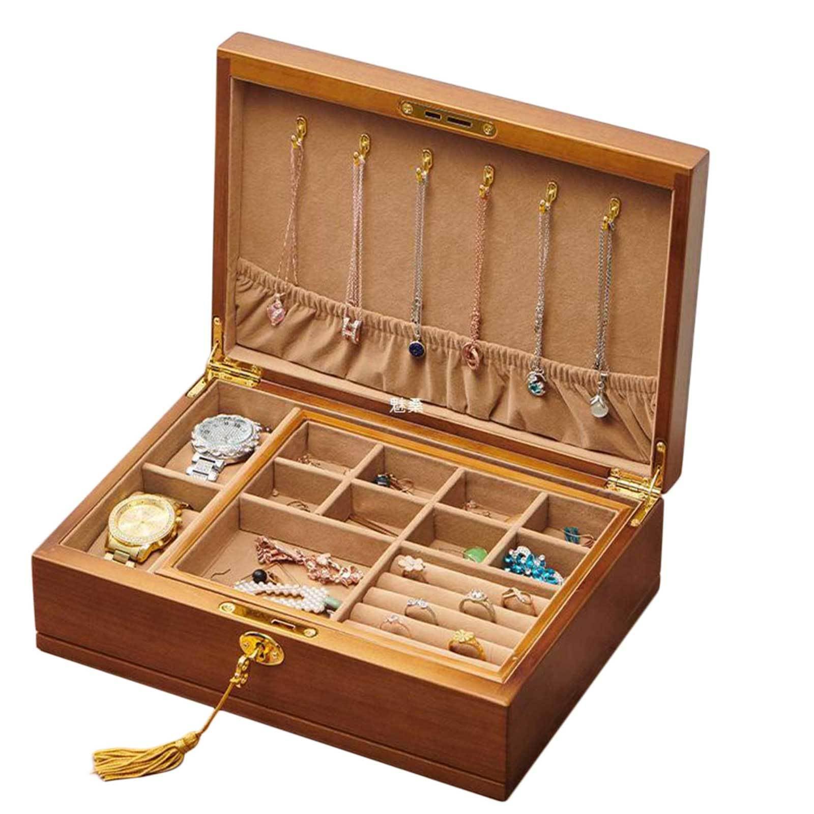 Boîte à bijoux en bois massif à 2 niveaux velours avec support rangement boucles d'oreilles