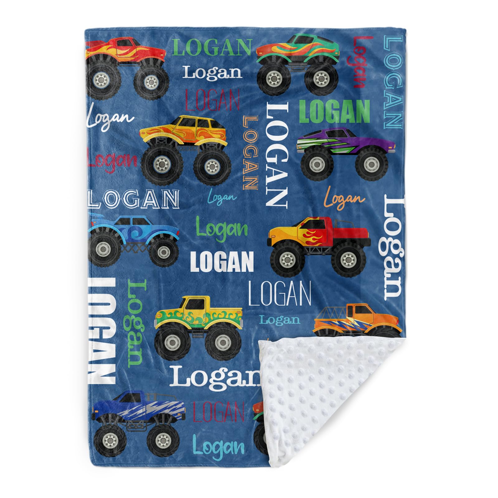 Custom Name Blanket - Personalized Flannel Bed Blanket with Double Layer Dotted Backing - Car Monster Truck Tractor Excavator Train with Multi-Fonts Name Design for Baby Kids Boys Girls Gifts Color08