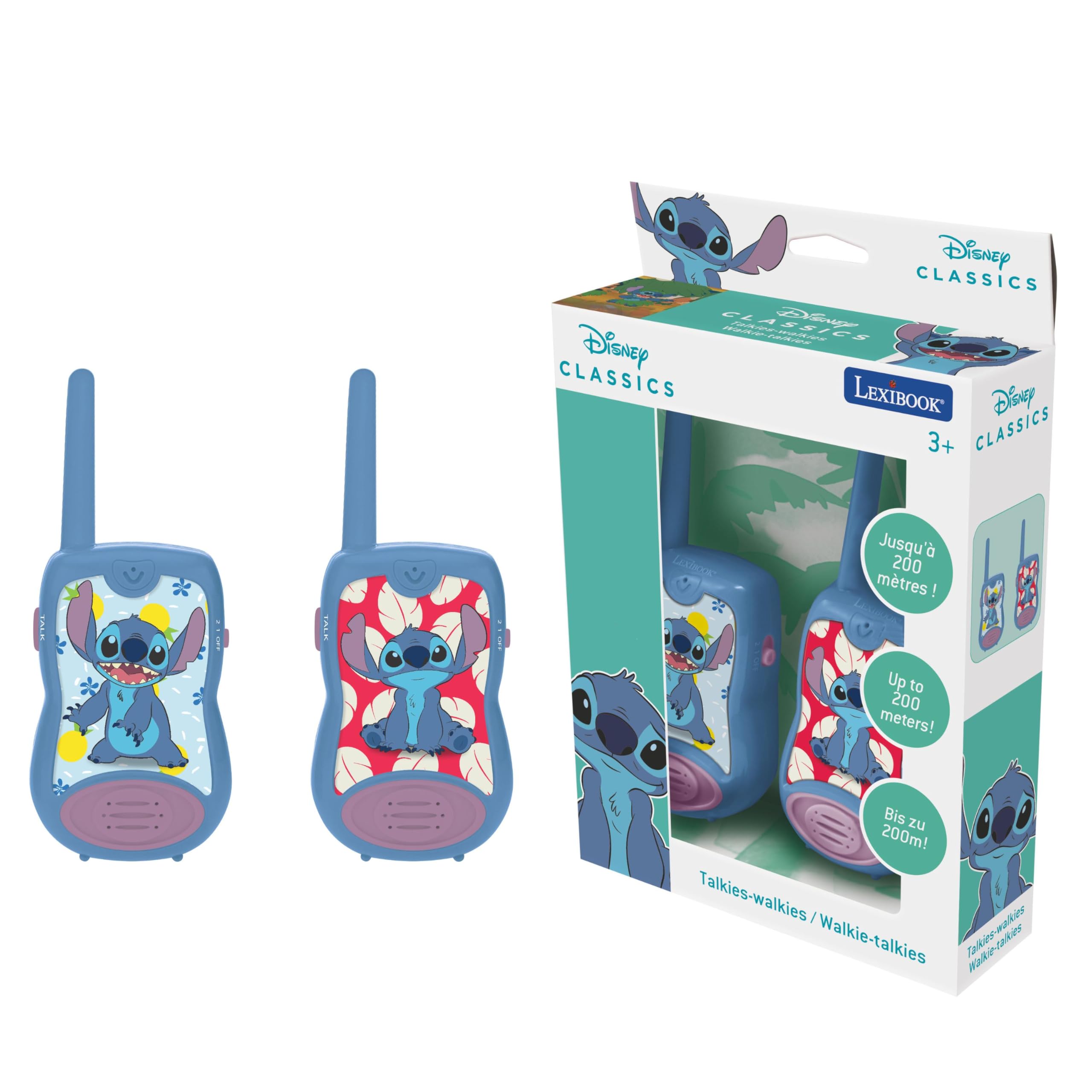 Lexibook, Disney Stitch, Walkie-Talkies 200m, Communication Game for Children, 2 Communication Channels, Belt Clip, Blue/Purple, TW12DLXB