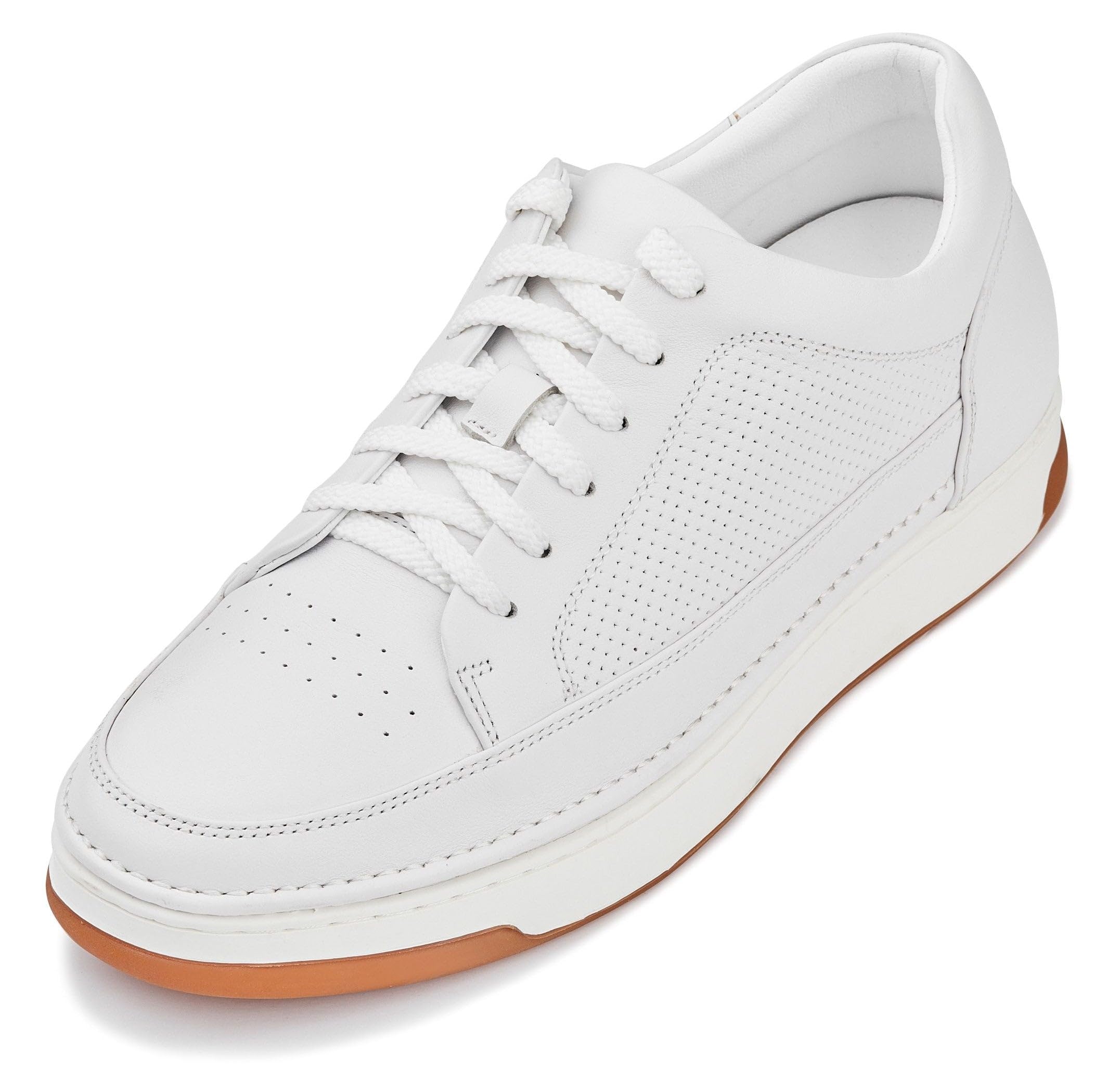 CALTO Men's Invisible Height Increasing Elevator Shoes - White/Off-White & Gum Sole Premium Leather Leather Lace-up Fashion Sneakers - 2.6 Inches