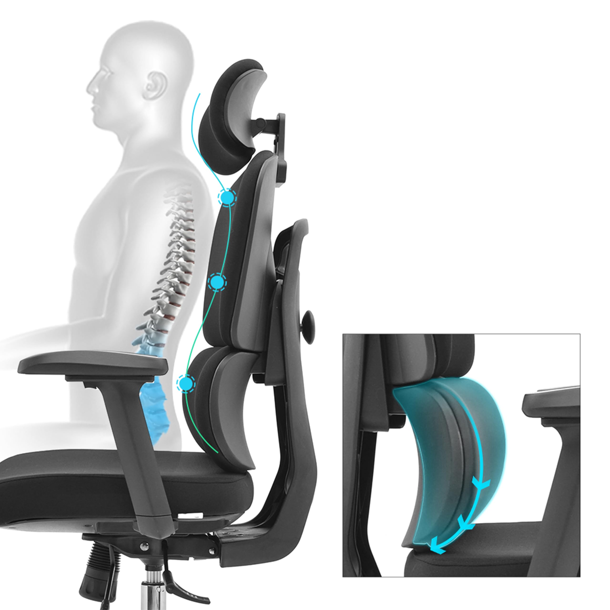 hjh OFFICE Profesjonalne krzesło robocze Ergomy F 2 | mechanizm synchroniczny – zagłówek z regulacją wysokości i podłokietniki 3D, kolor czarny