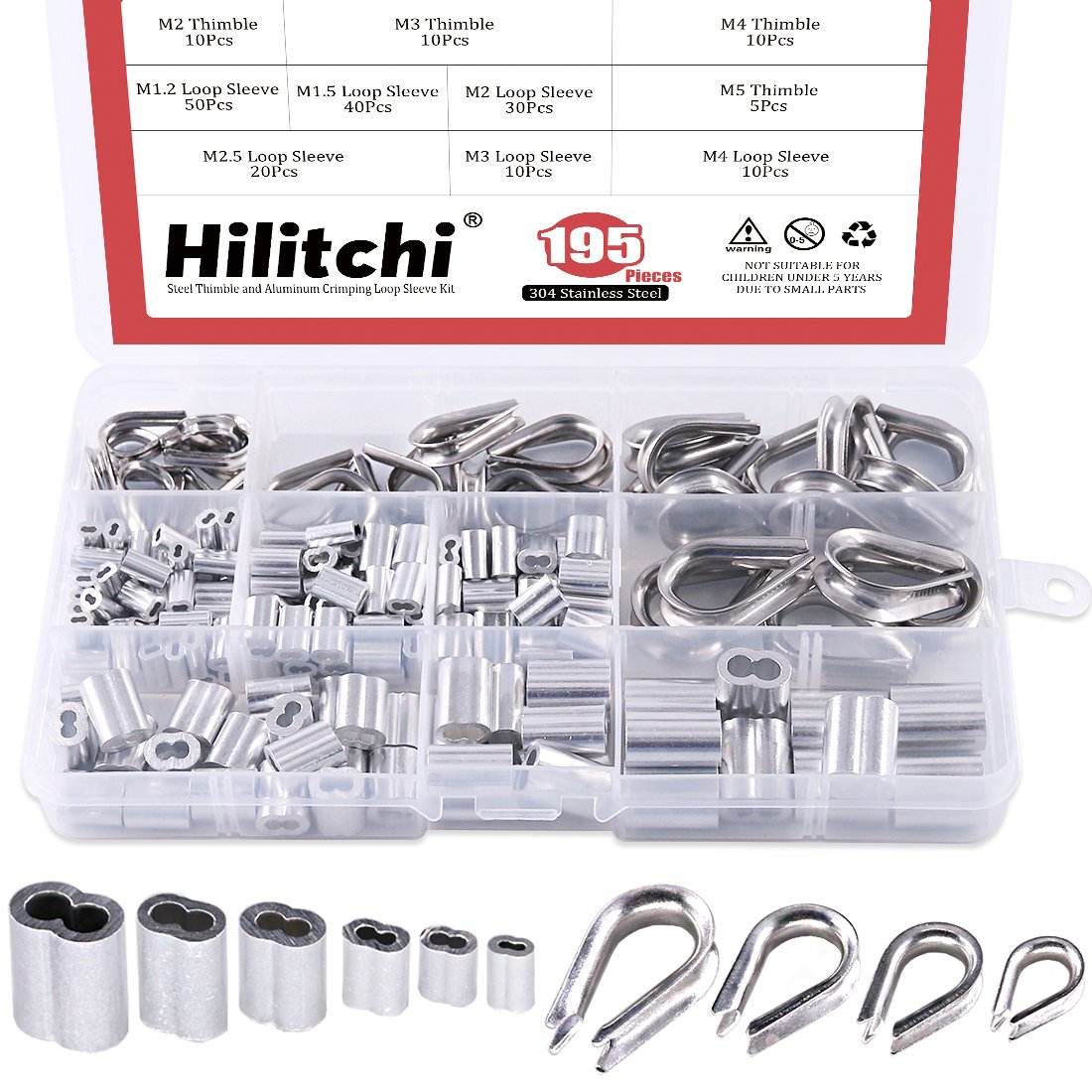 Hilitchi 195-Pcs M2 / 3/4 / 5 304 Stainless Steel Thimble and 6-Size Aluminum Crimping Loop Sleeve Assortment Kit for 1/16" - 3/16" Diameter Wire Rope Cable Thimbles Rigging