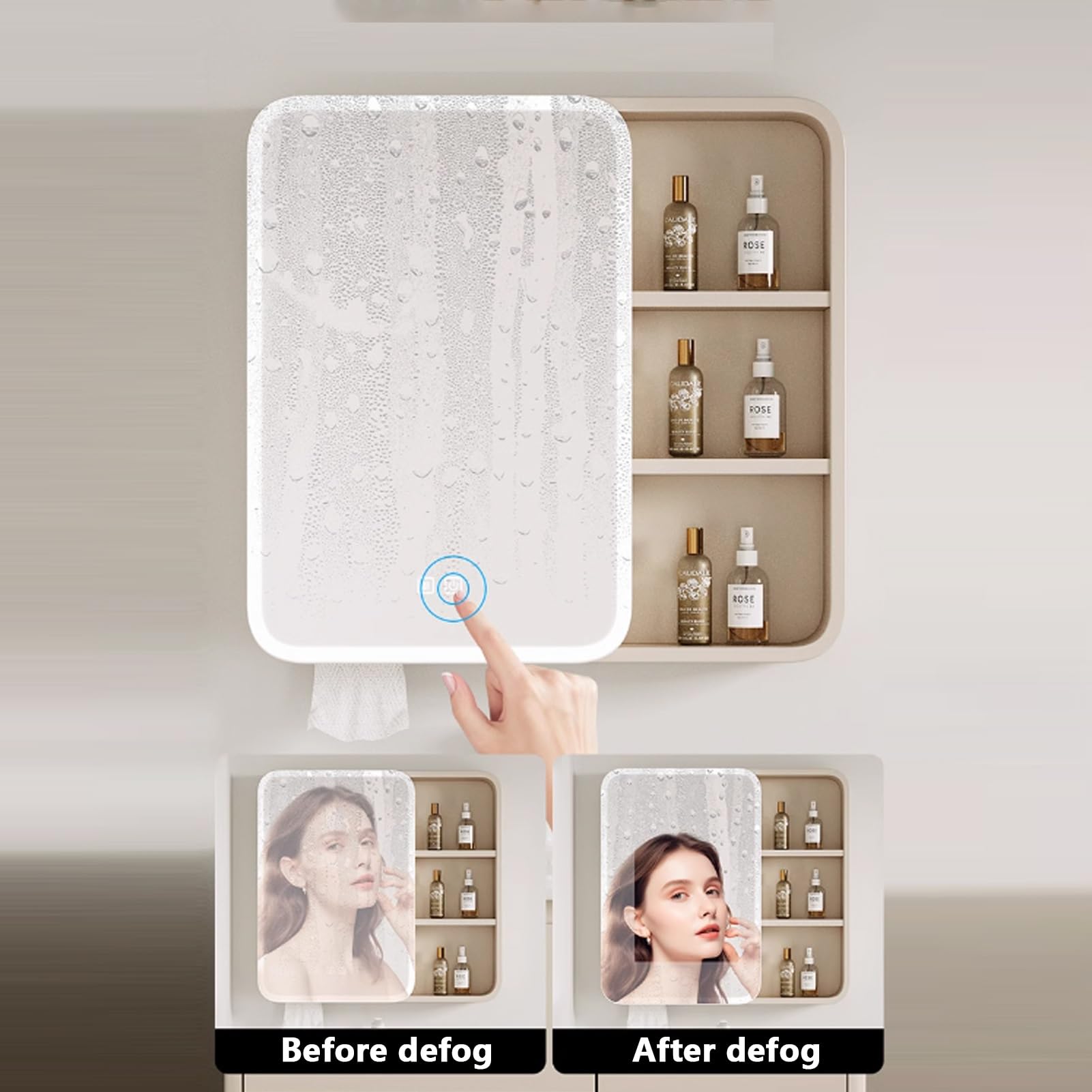 Armario Espejo Baño con Luz,LED Espejo con Almacenaje De Maquillaje De Madera,Atenuación Continua,con Interruptor Táctil,Alta Definición Armario Espejo Baño