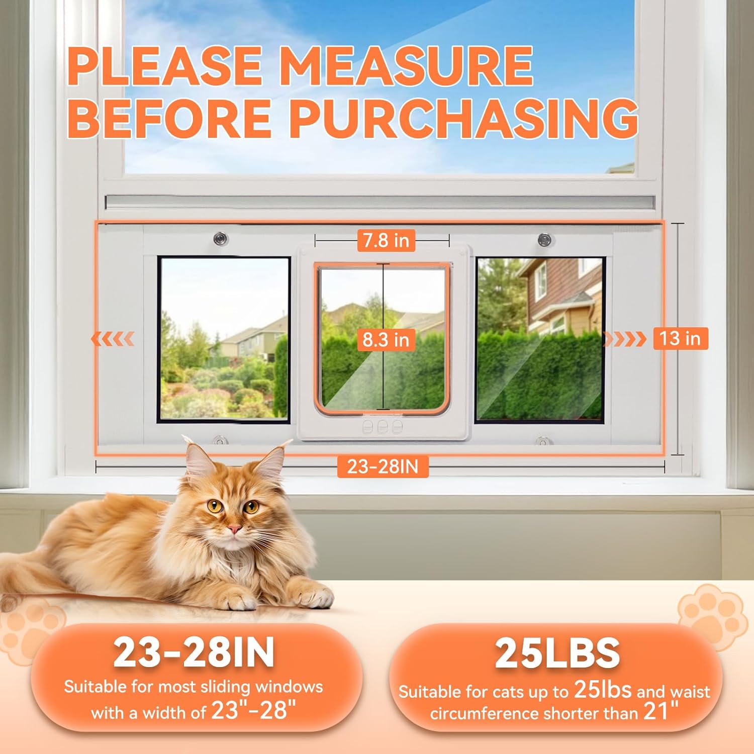 LIBBEPET Cat Door for Window, Aluminum Window Cat Door Insert Fit Windows Width 23"-28", Cat Flap for Window with Magnetic Flap Opening 7.8 x 8.3 in, Tool-Free Install, Safety & Weatherproof, Small