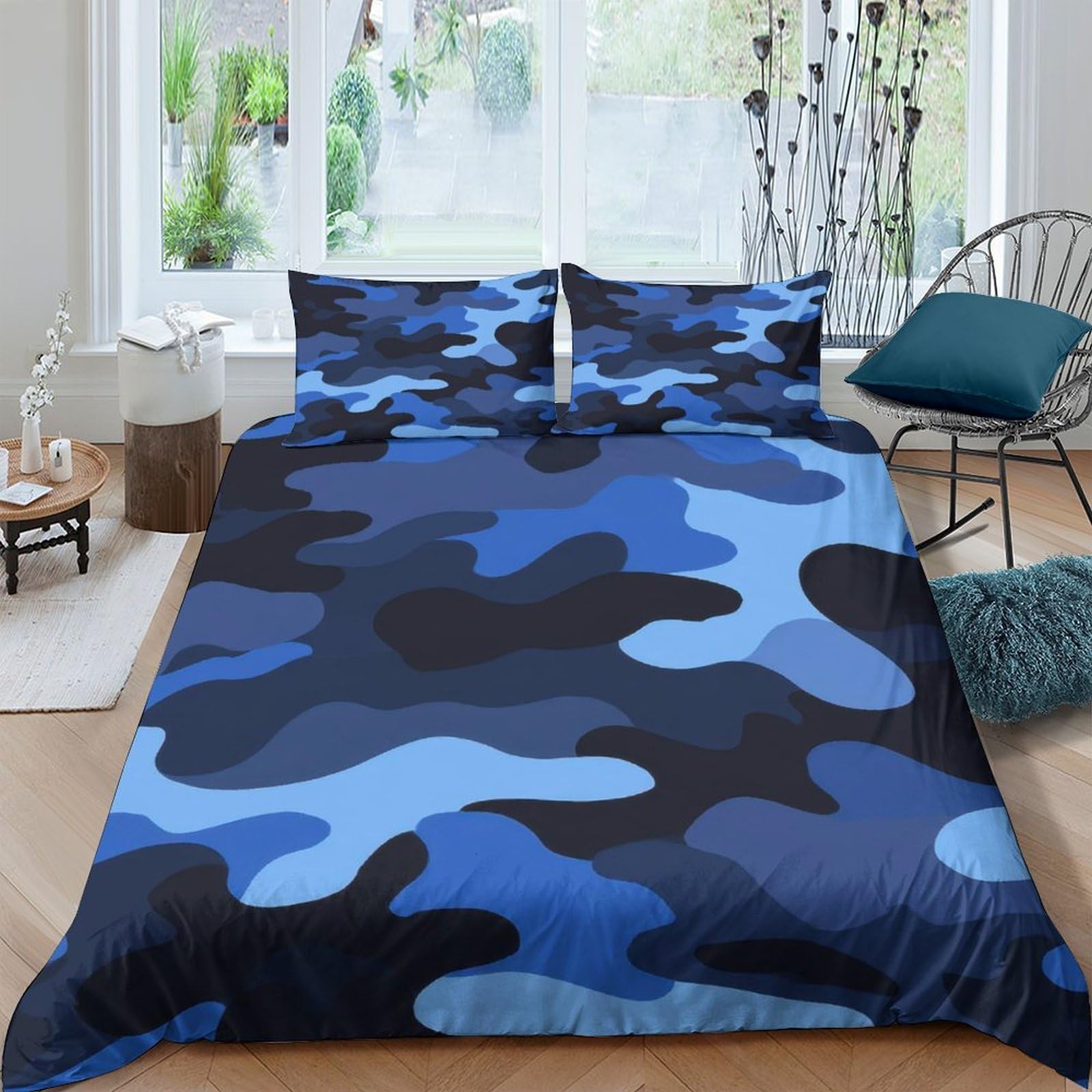 GPLZQXKJNH 3D Printed Blue Camouflage Duvet Cover Set Microfiber Soft Breathable Urban Camo Quilt Cover with 2 Pillowcases for Bedroom Decor Single（135x200cm）