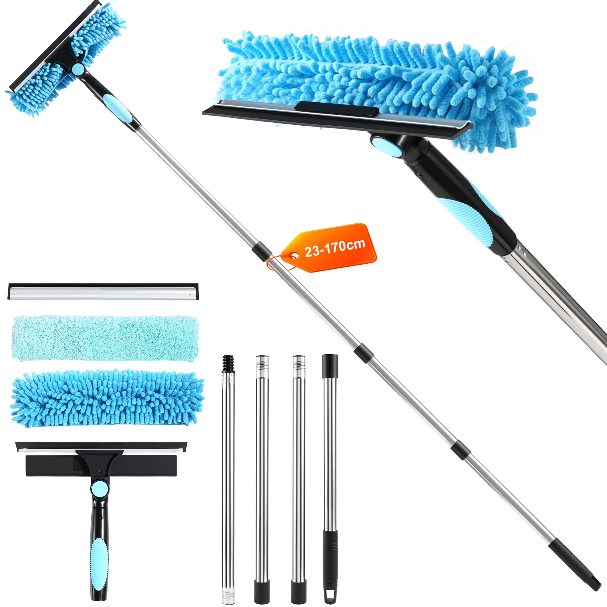 3 en 1 kit Nettoyage vitre 170 cm，Lave vitre telescopiqueavec Manche Long, Mouilleur vitre Professionnel avec Manche Télescopique 4 Sections, pour Fenêtres Hautes, l'Extérieur, Verre，Salle Bain