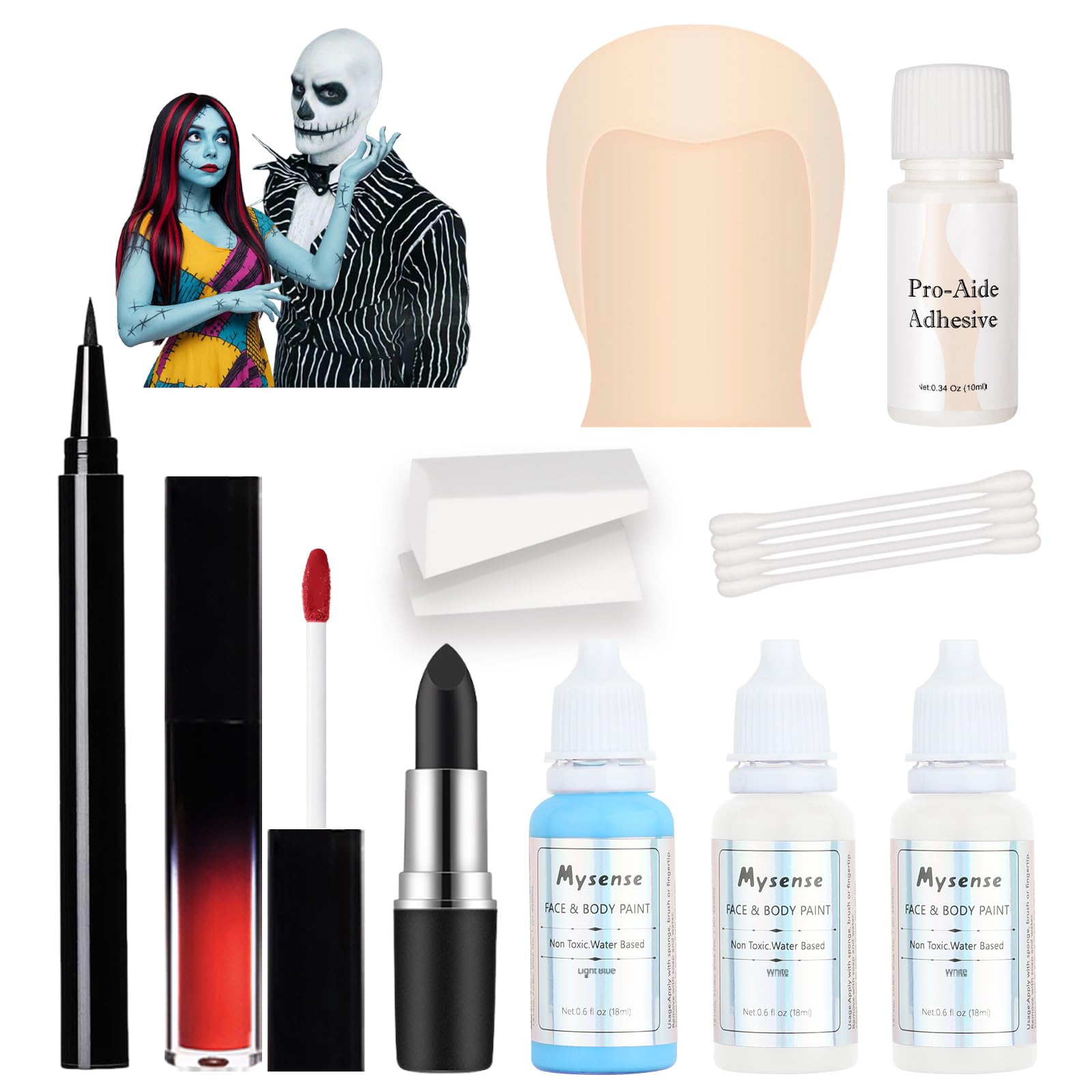 Mysense Skeleton Boy and Ragdoll Girl Makeup Kit for Halloween Jack Cosplay Sally Costume for Adults&Kids with Bald Cap,Pro-Aide Adhesive,Face Paint,Eyeliner,Lipstick&Applicators