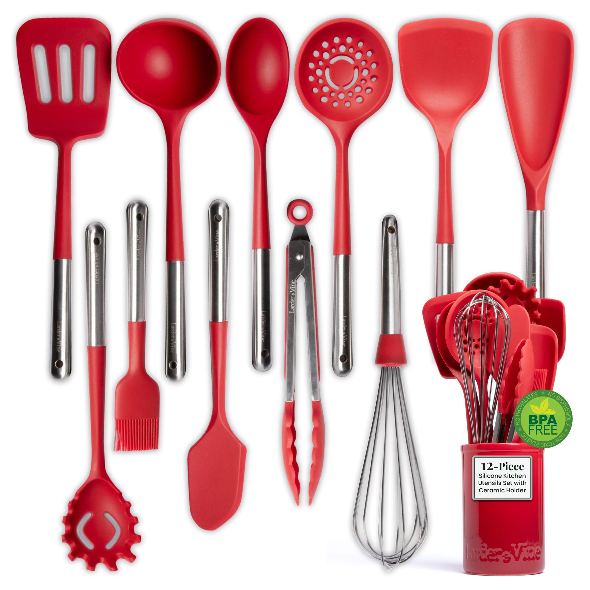 12-Piece Silicone Cooking Utensils Set | Silicone Utensils with Stainless Steel Handle and Ceramic Holder | Kitchen Utensils Set | Dishwasher Safe Set of Kitchen Essentials | Cabernet