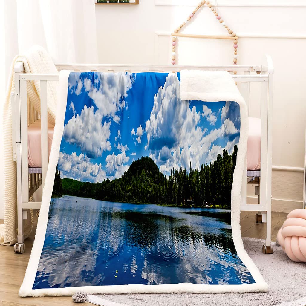 Manta De Franela De Microfibra 150X200Cm Manta De Felpa Suave Para Sofá Cama 3D Cielo Azul Y Nubes Blancas Con Vista Al Lago Impresión Patrón Manta Polar Invierno Gruesa Y Esponjosa Caliente Transp